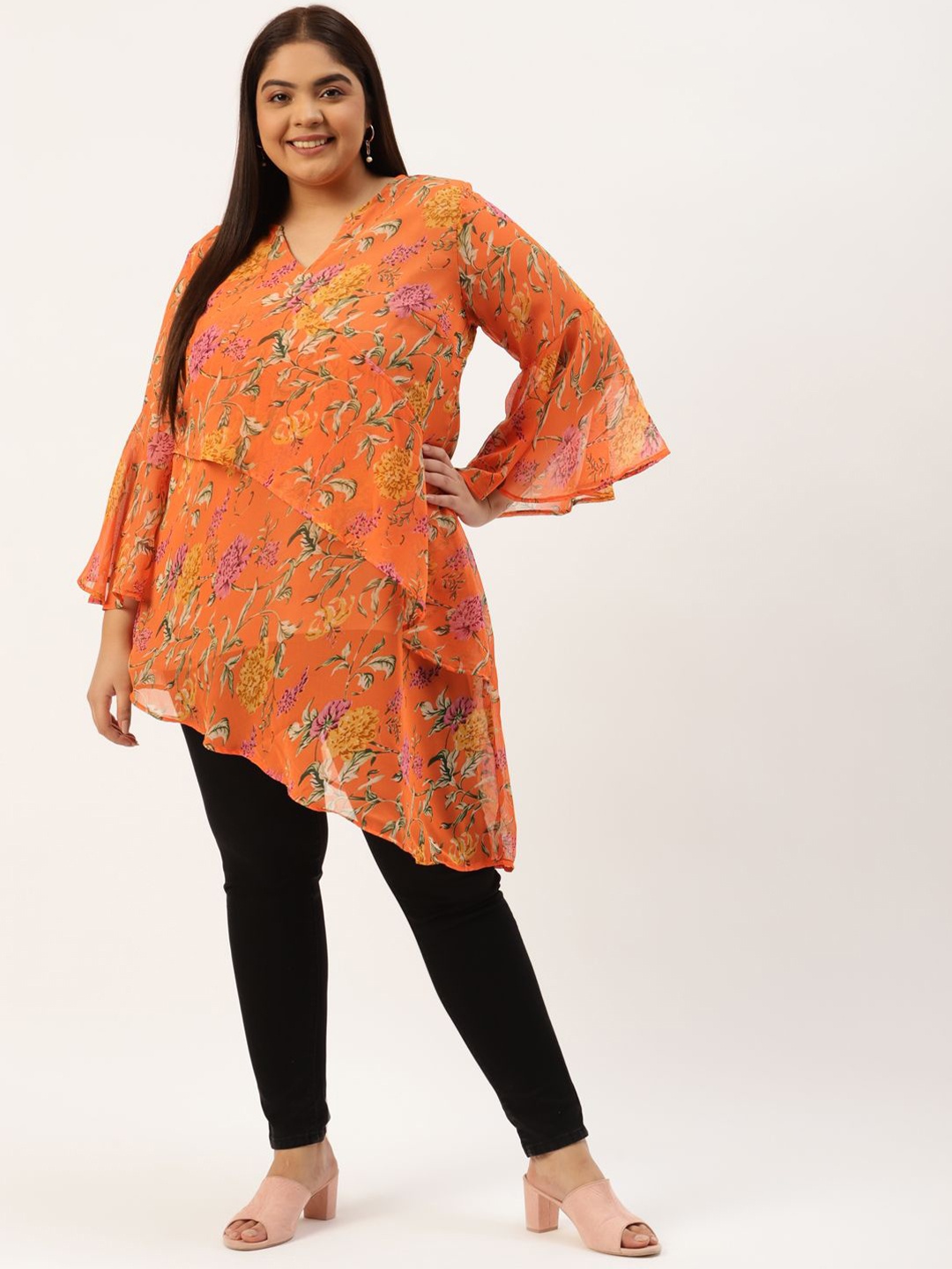 

theRebelinme Women Plus Size Floral Printed Bell Sleeves Longline Top, Orange