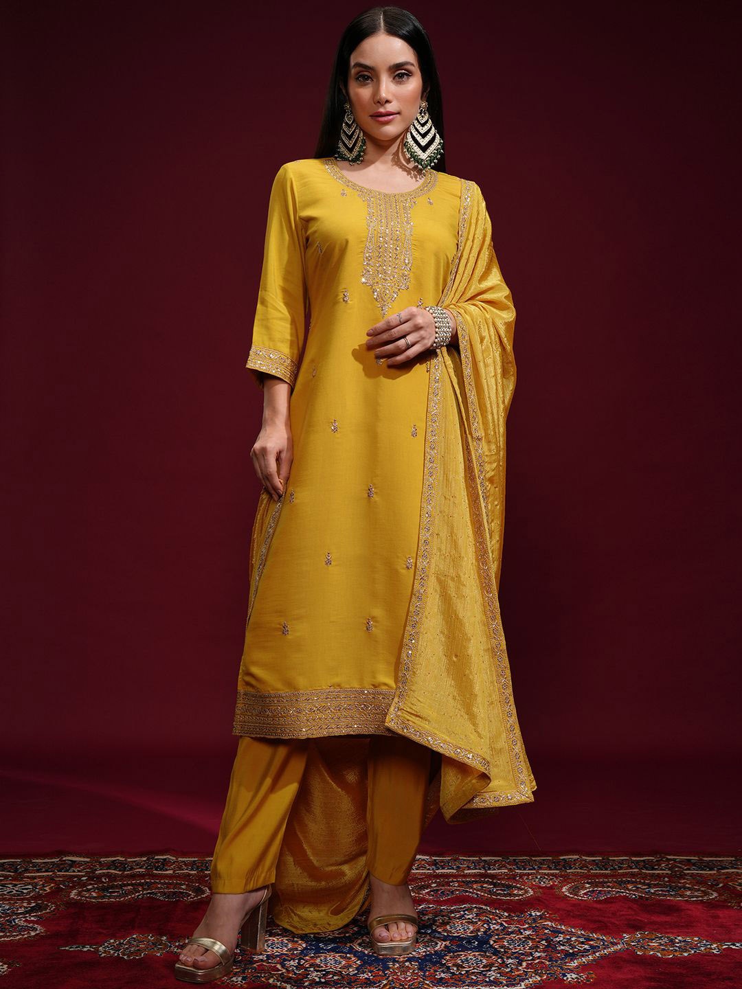 

Vishudh Women Ethnic Motifs Embroidered Regular Sequinned Kurta with Palazzos & With Dupatta, Mustard