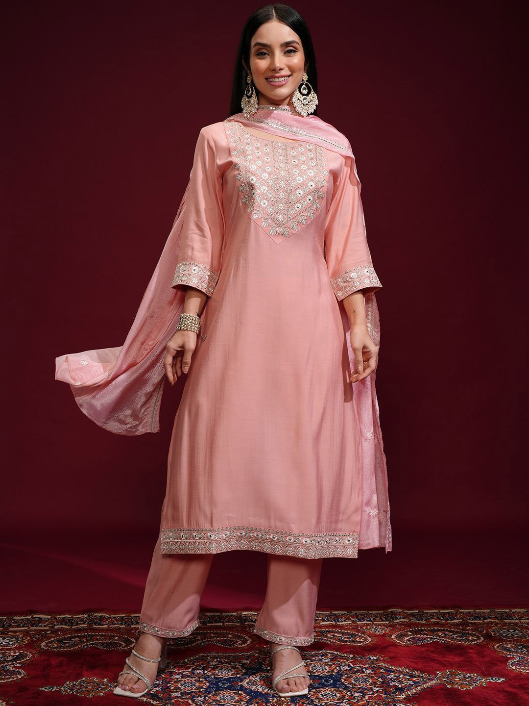 

Vishudh Women Embroidered Kurta with Pant & Chinon Chiffon Dupatta, Peach