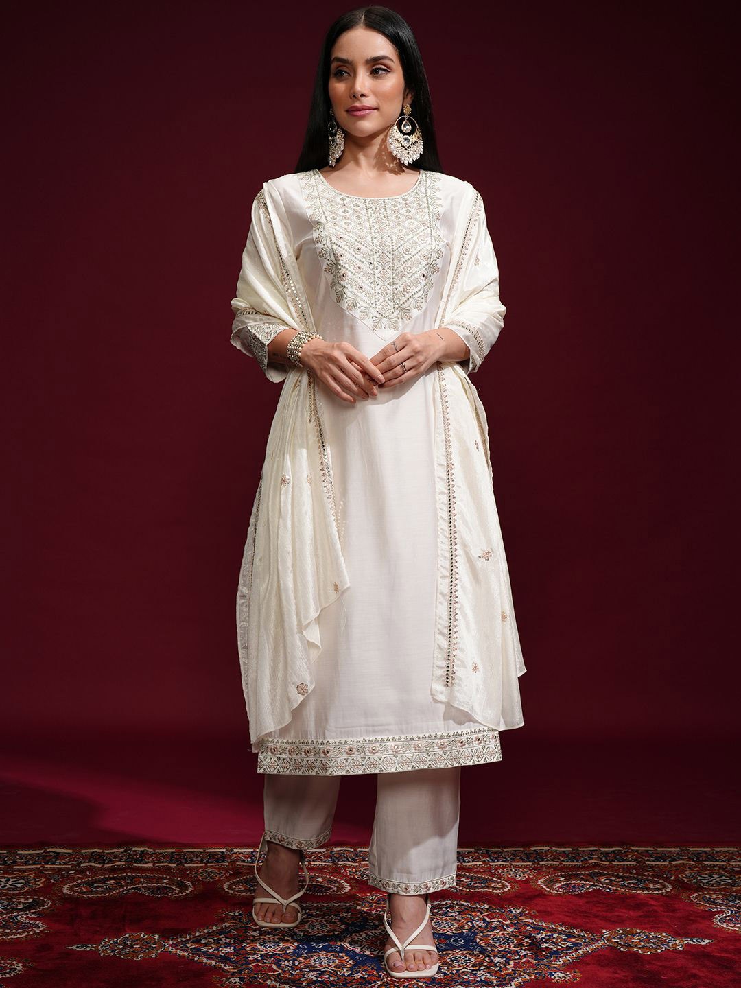 Vishudh Women Embroidered Kurta with Pant & Chinon Chiffon Dupatta, Off white