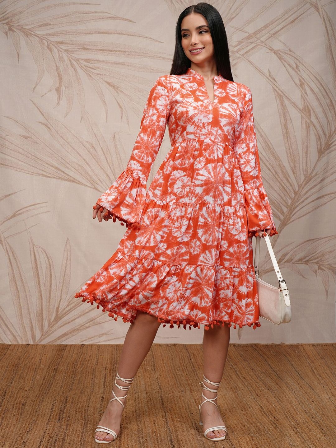 

Vishudh Women Printed Midi Tie Fit Flare Dress, Coral