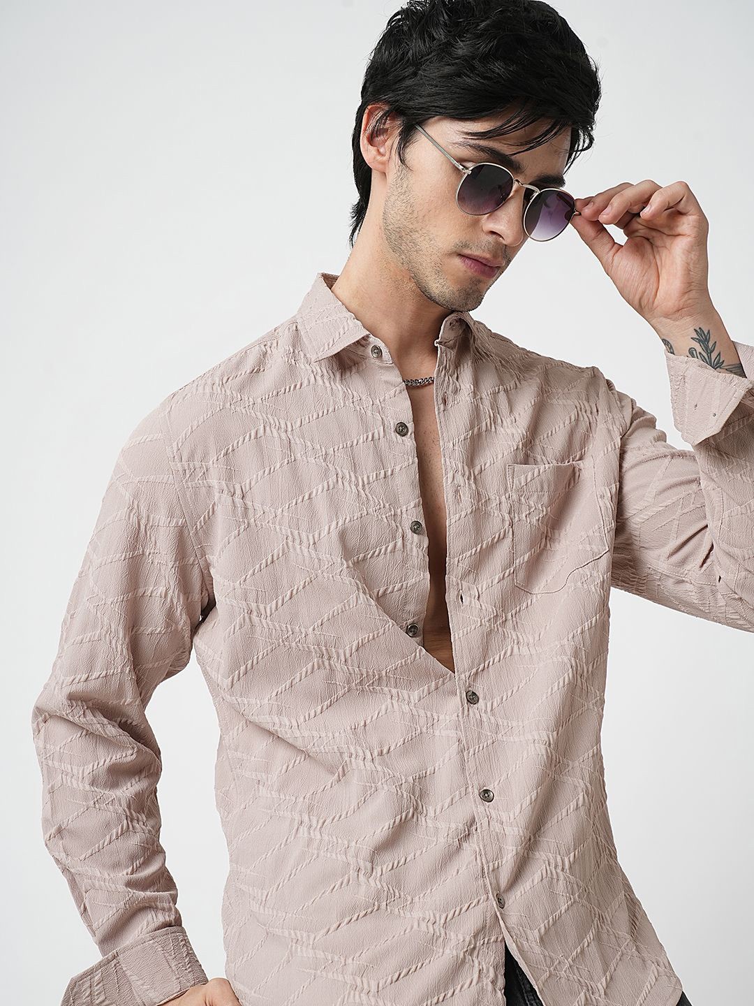 

VASTRADO Men Classic Slim Fit Spread Collar Textured Casual Shirt, Beige