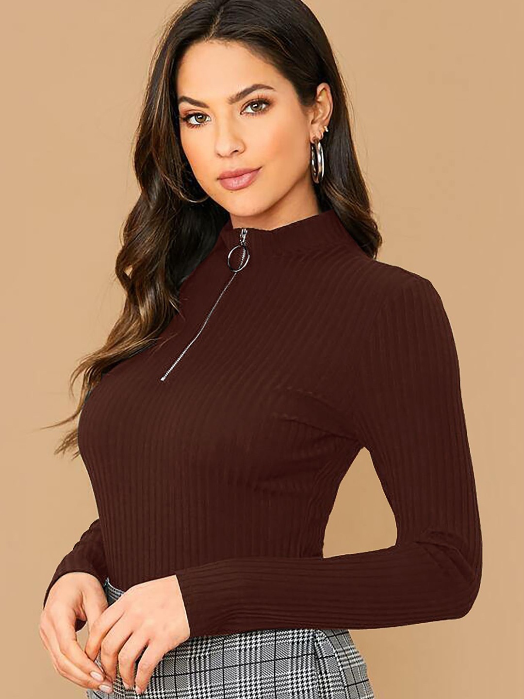 

Dream Beauty Fashion Women Half Zipper Top, Brown