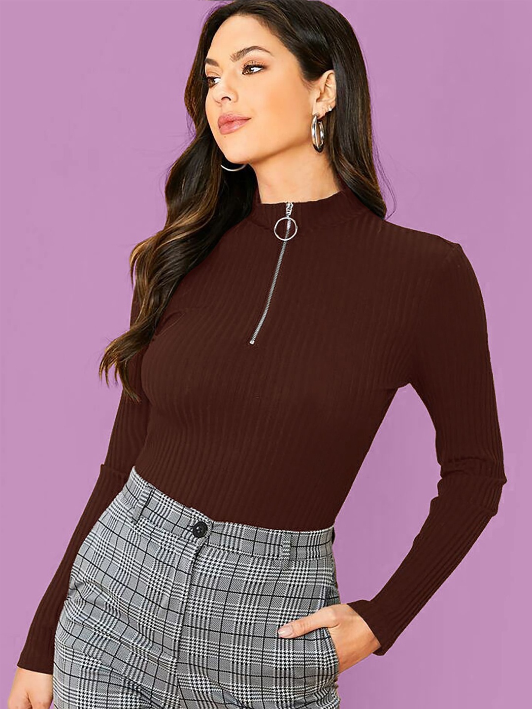 

Dream Beauty Fashion Women Round Neck Long Sleeves Top, Brown