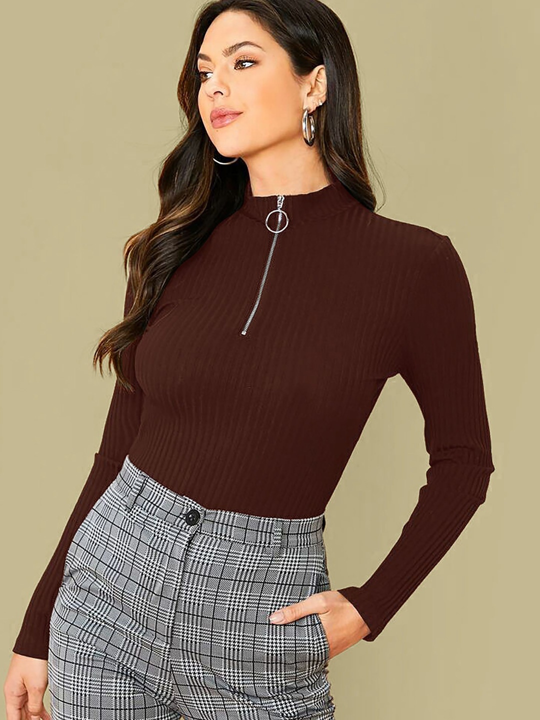 

Dream Beauty Fashion Ribbed Fitted Top, Brown