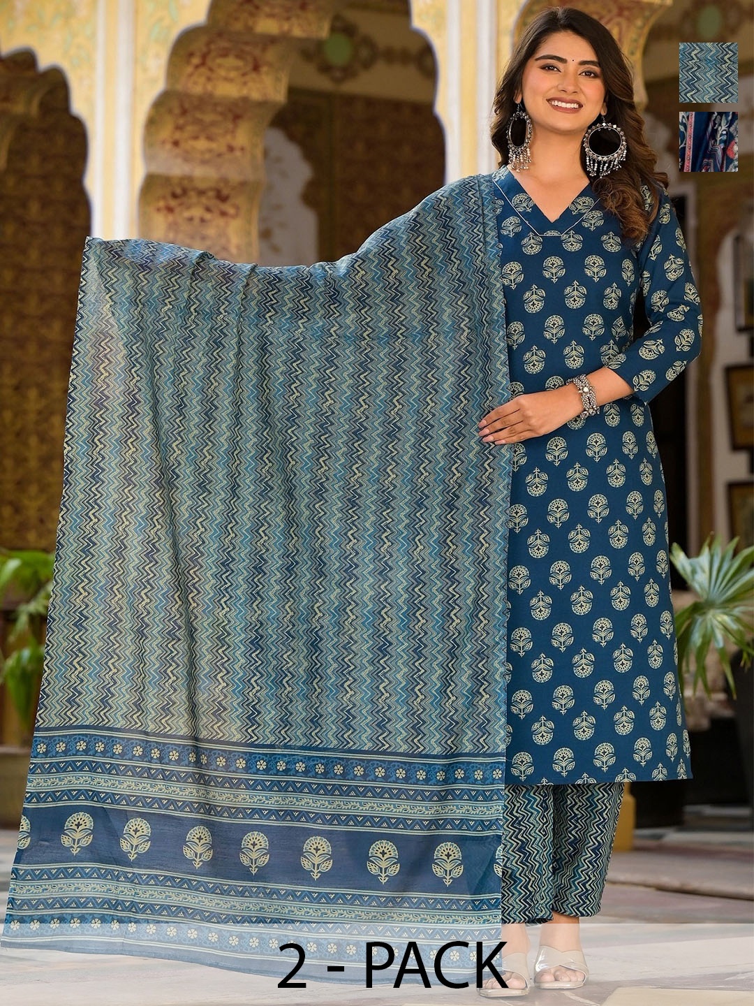 

KALINI Women Floral Printed Regular Kurta with Trousers & With Dupatta, Navy blue