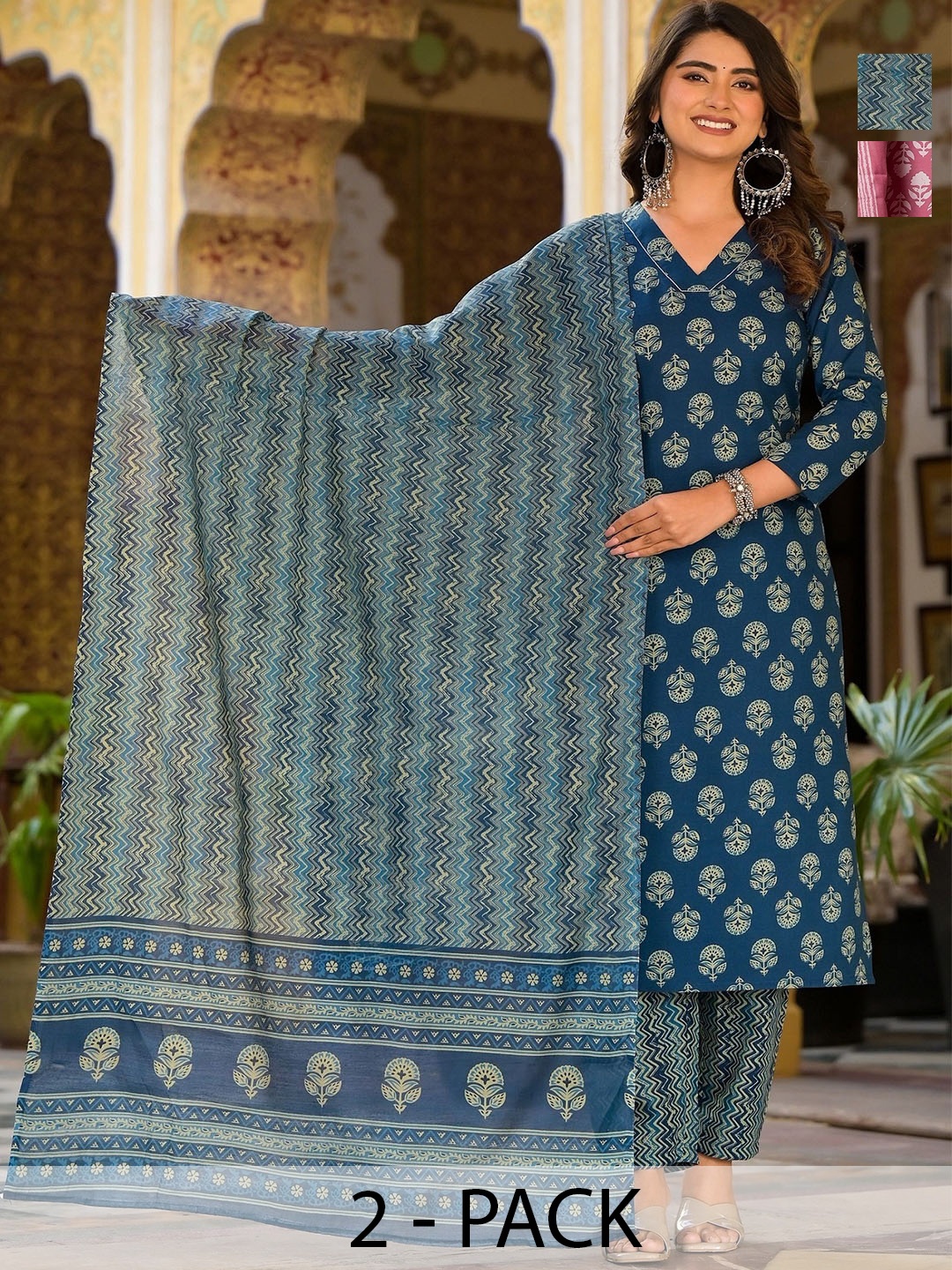 

KALINI Women Floral Printed Regular Kurta with Trousers & With Dupatta, Blue