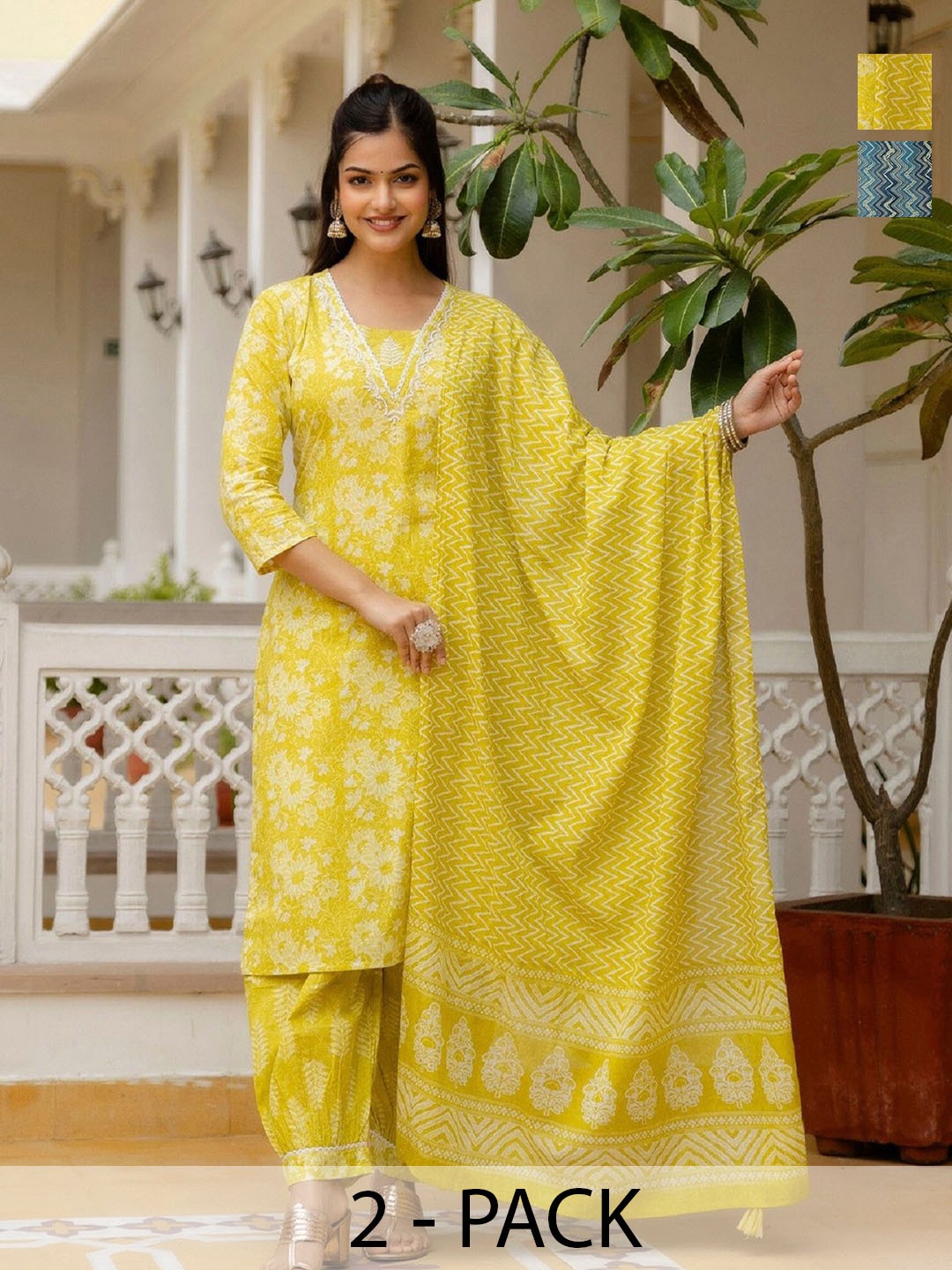 

KALINI Women Floral Printed Regular Kurta with Trousers & With Dupatta, Yellow