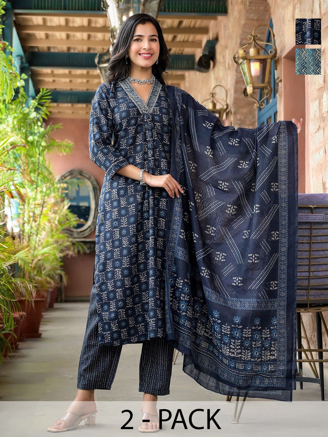 

KALINI Women Floral Printed Regular Kurta with Trousers & With Dupatta, Navy blue