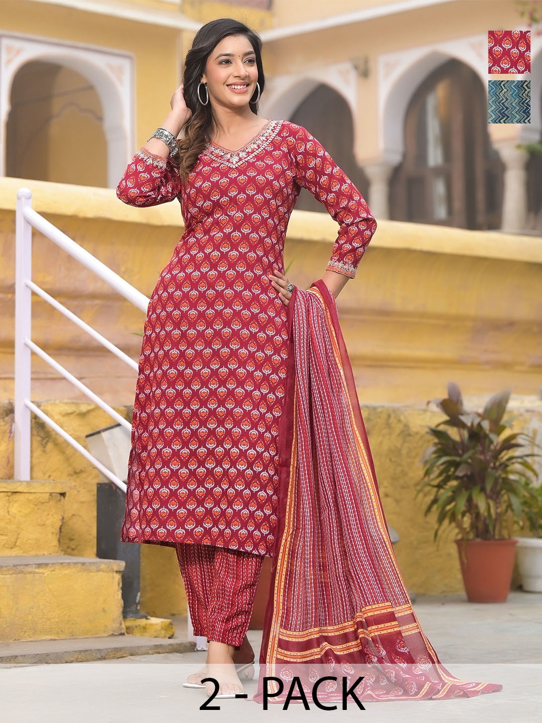 

KALINI Women Floral Printed Regular Kurta with Trousers & With Dupatta, Blue