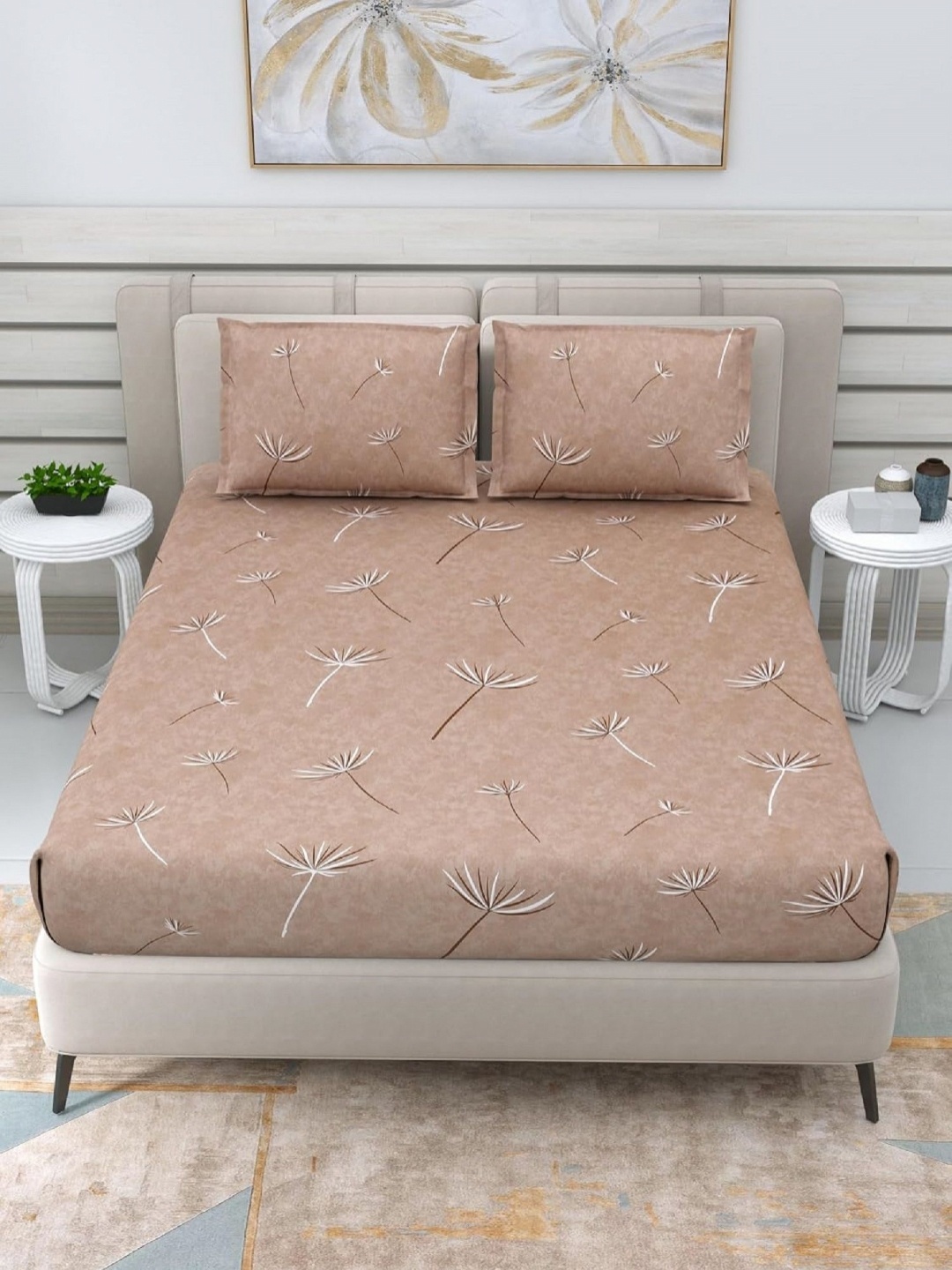 

THE LINEN COMPANY Brown & White Floral 300 TC Single Bedsheet with 1 Pillow Covers