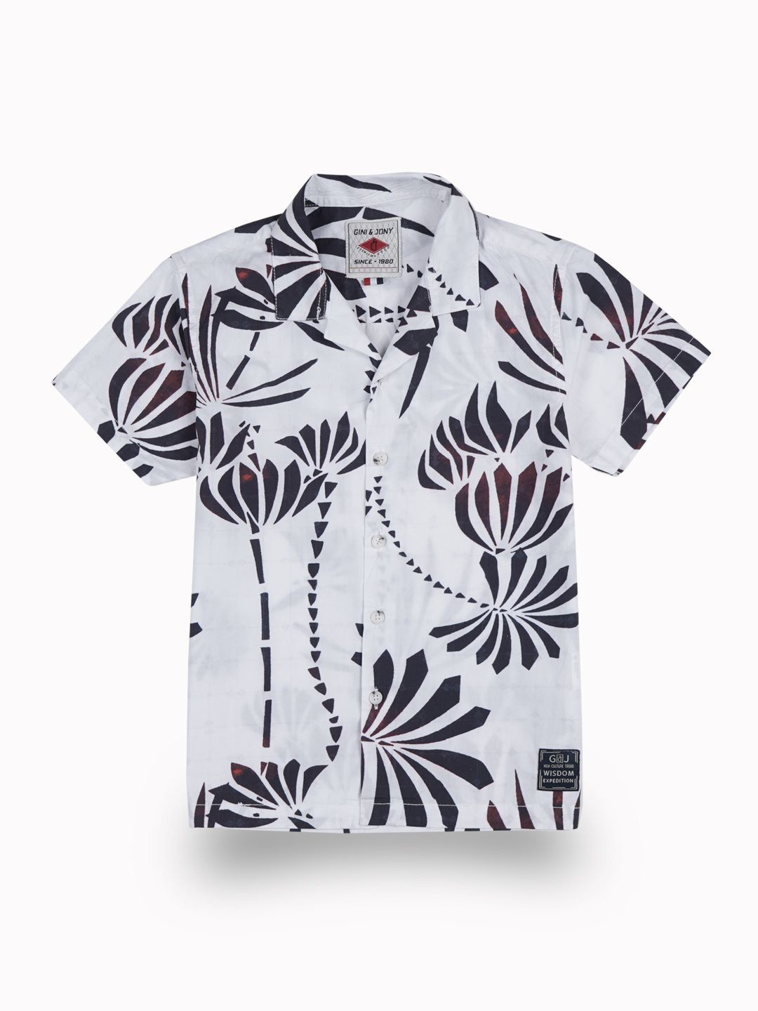 Gini and Jony Boys Comfort Fit Cuban Collar Floral Printed Cotton Casual Shirt, White