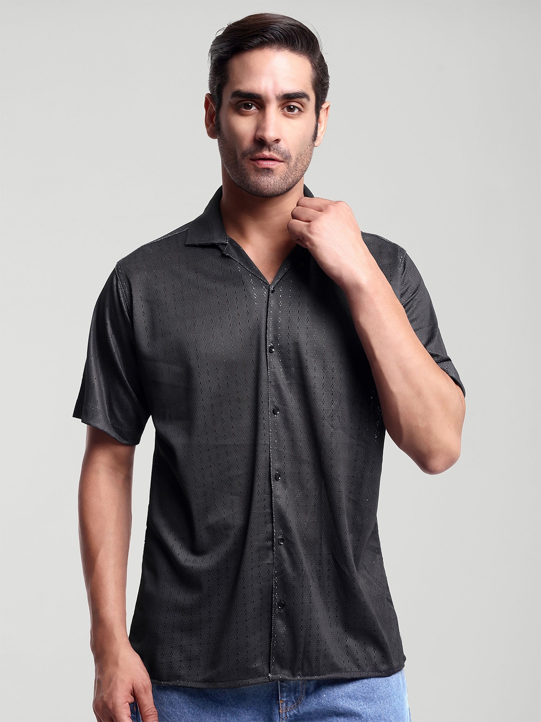 

LUXURIT Men Original Relaxed Fit Cuban Collar Textured Cotton Casual Shirt, Black