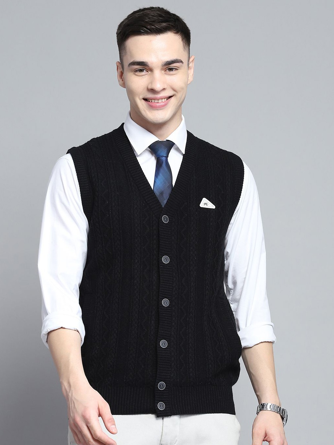 

Monte Carlo Men Self Design Front-Open Sweater, Navy blue