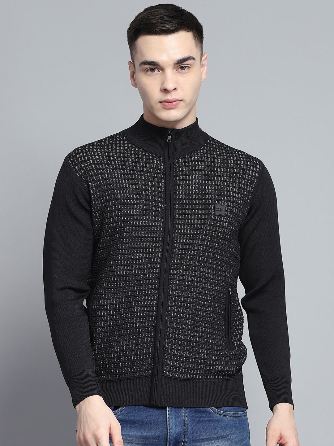 

Monte Carlo Men Self Design Mock Collar Open-Front Sweaters, Black