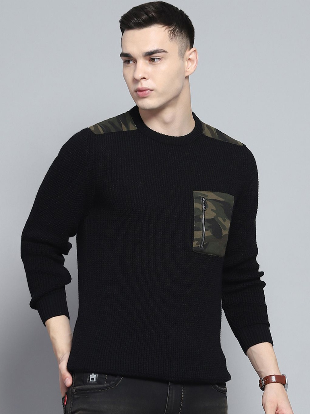 

Monte Carlo Men Self Design Pullover, Black