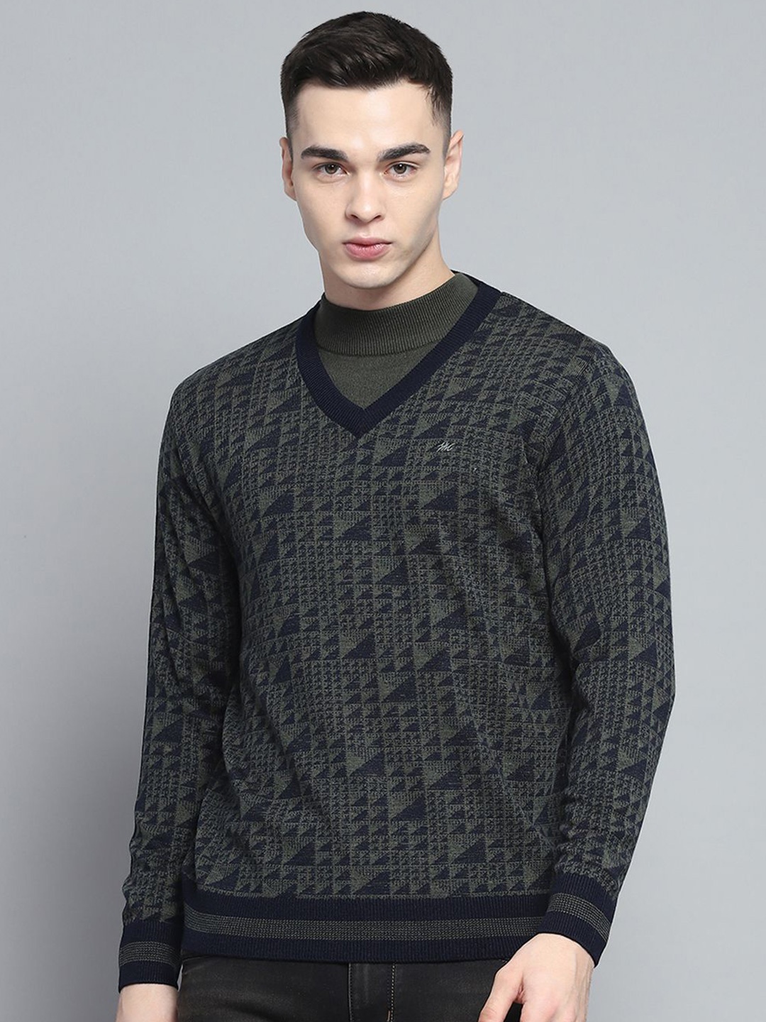 

Monte Carlo Men Printed Woollen Pullover Sweater, Navy blue
