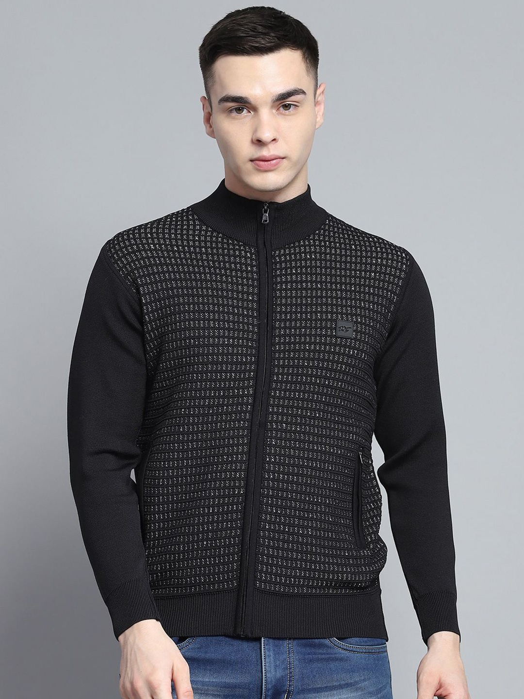 

Monte Carlo Men Geometric Self Design Pullover, Black