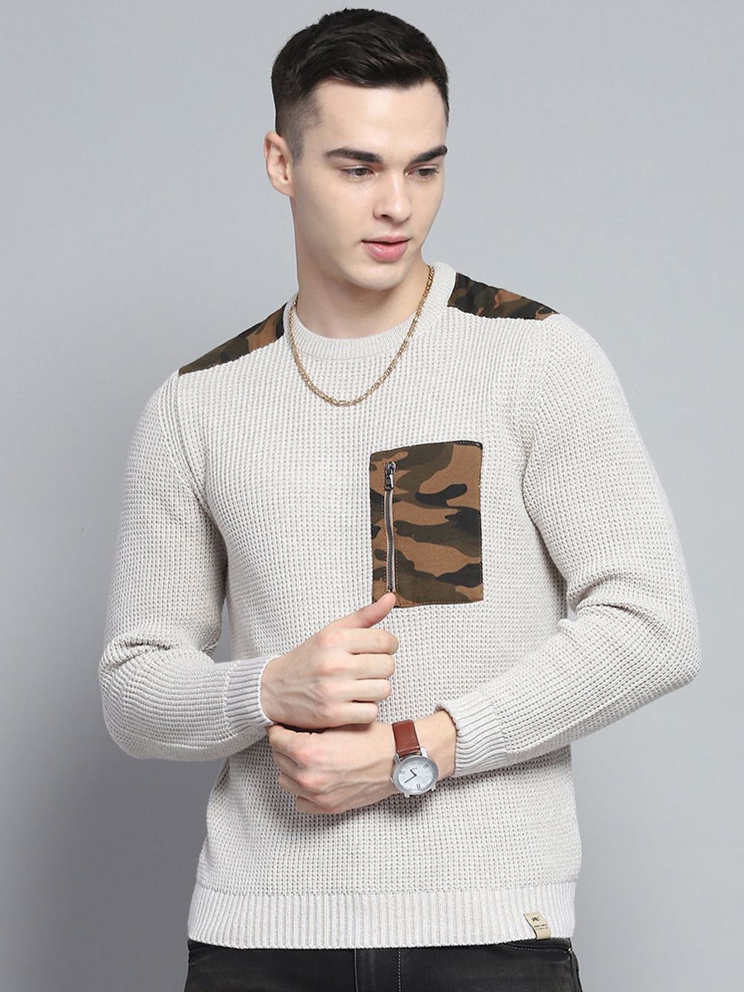 

Monte Carlo Men Animal Woollen Pullover with Zip Detail Detail, Grey