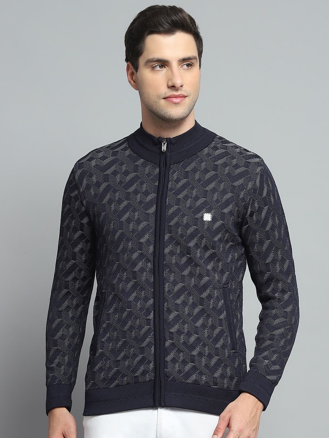 

Monte Carlo Men Printed Front-Open Sweaters, Navy blue