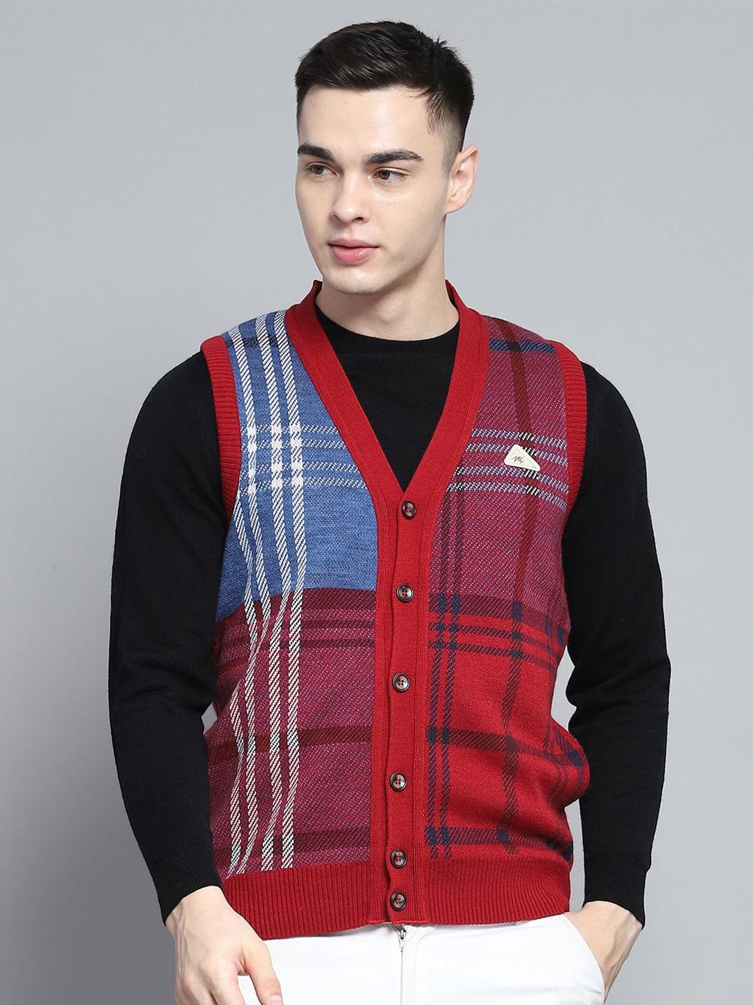 

Monte Carlo Men V-Neck Checked Sleeveless Woollen Cardigan, Red