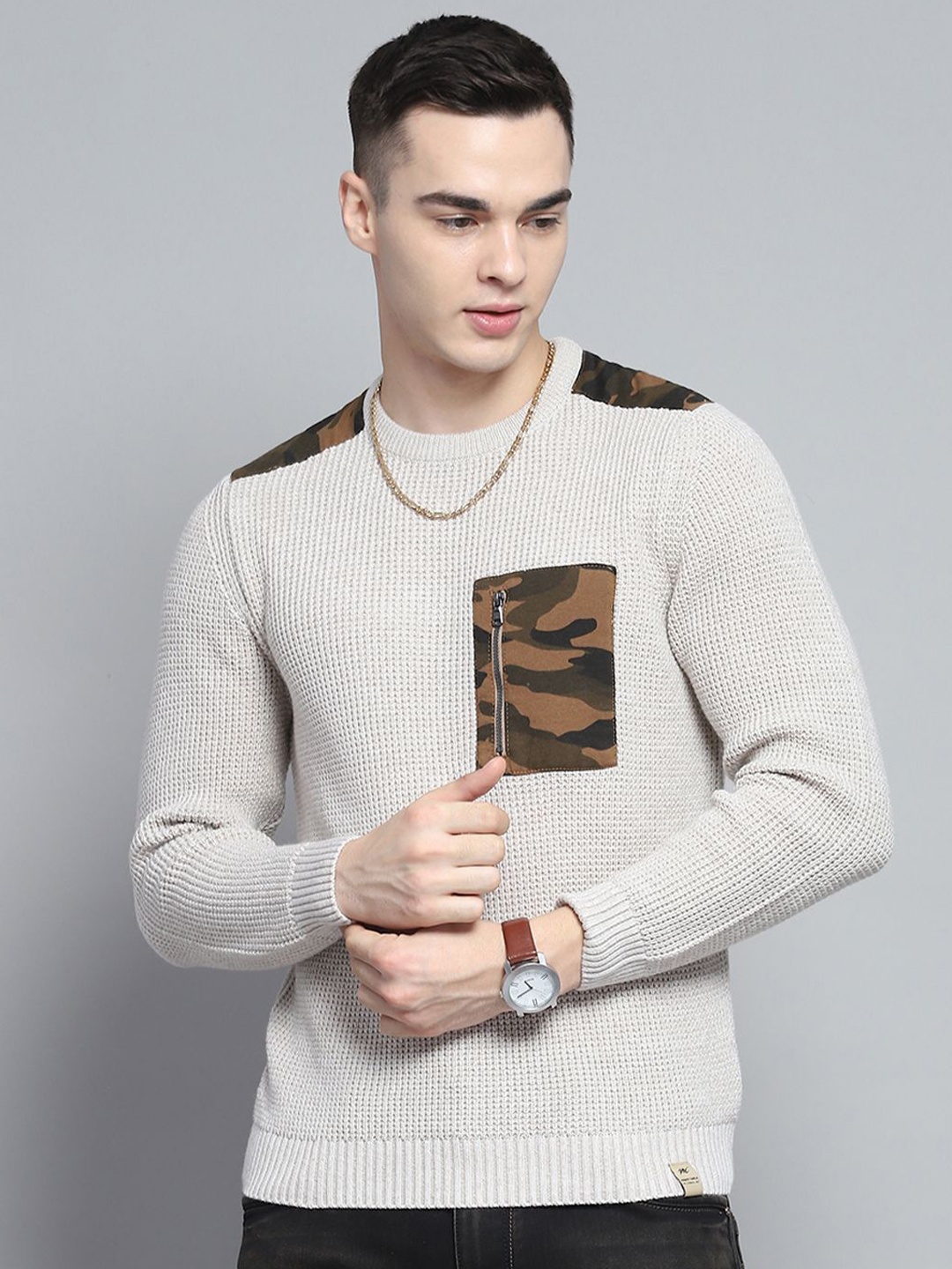 

Monte Carlo Men Animal Self Design Woollen Pullover, Beige