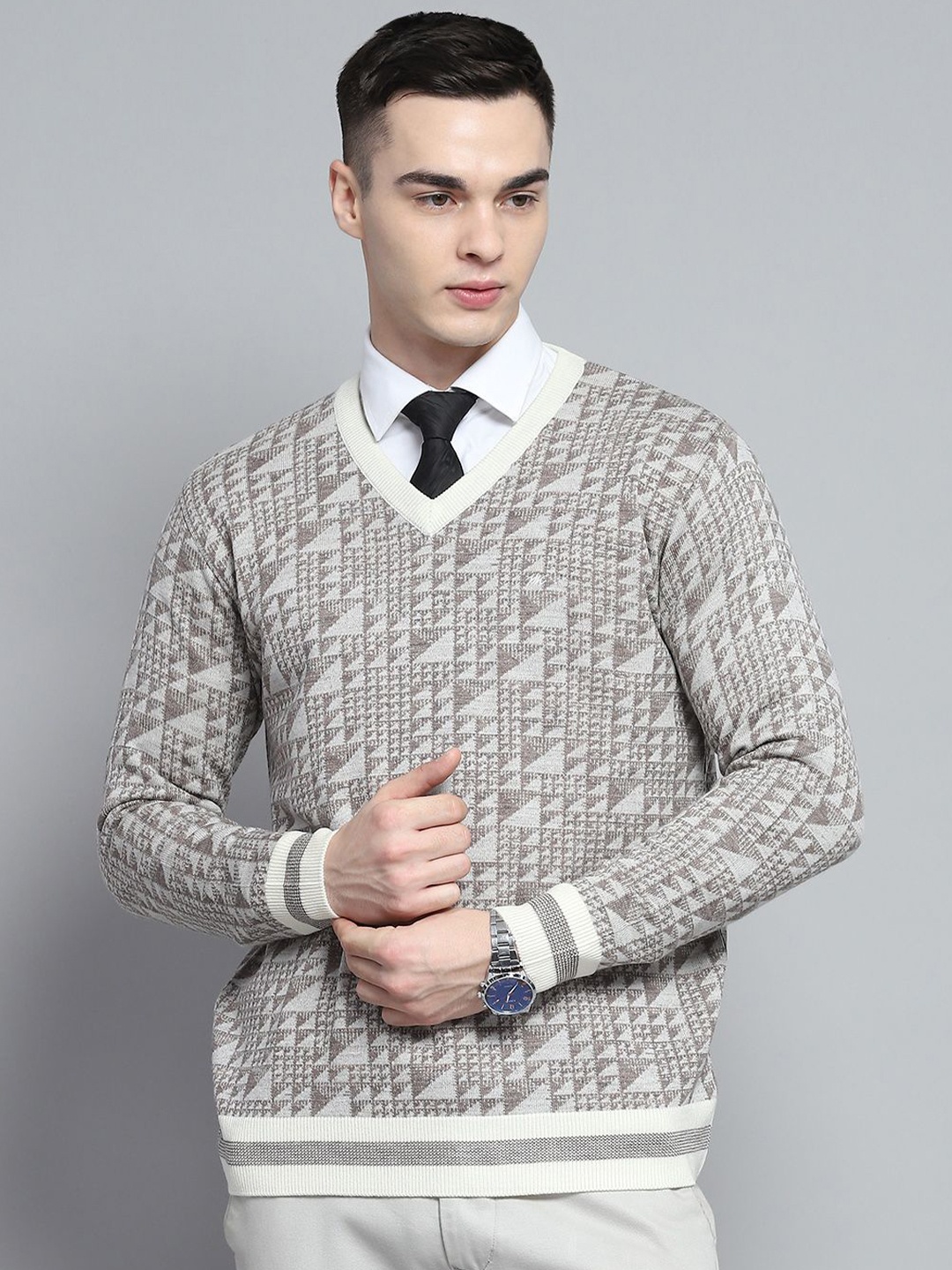 

Monte Carlo Men Printed Woollen Pullover Sweater, Beige