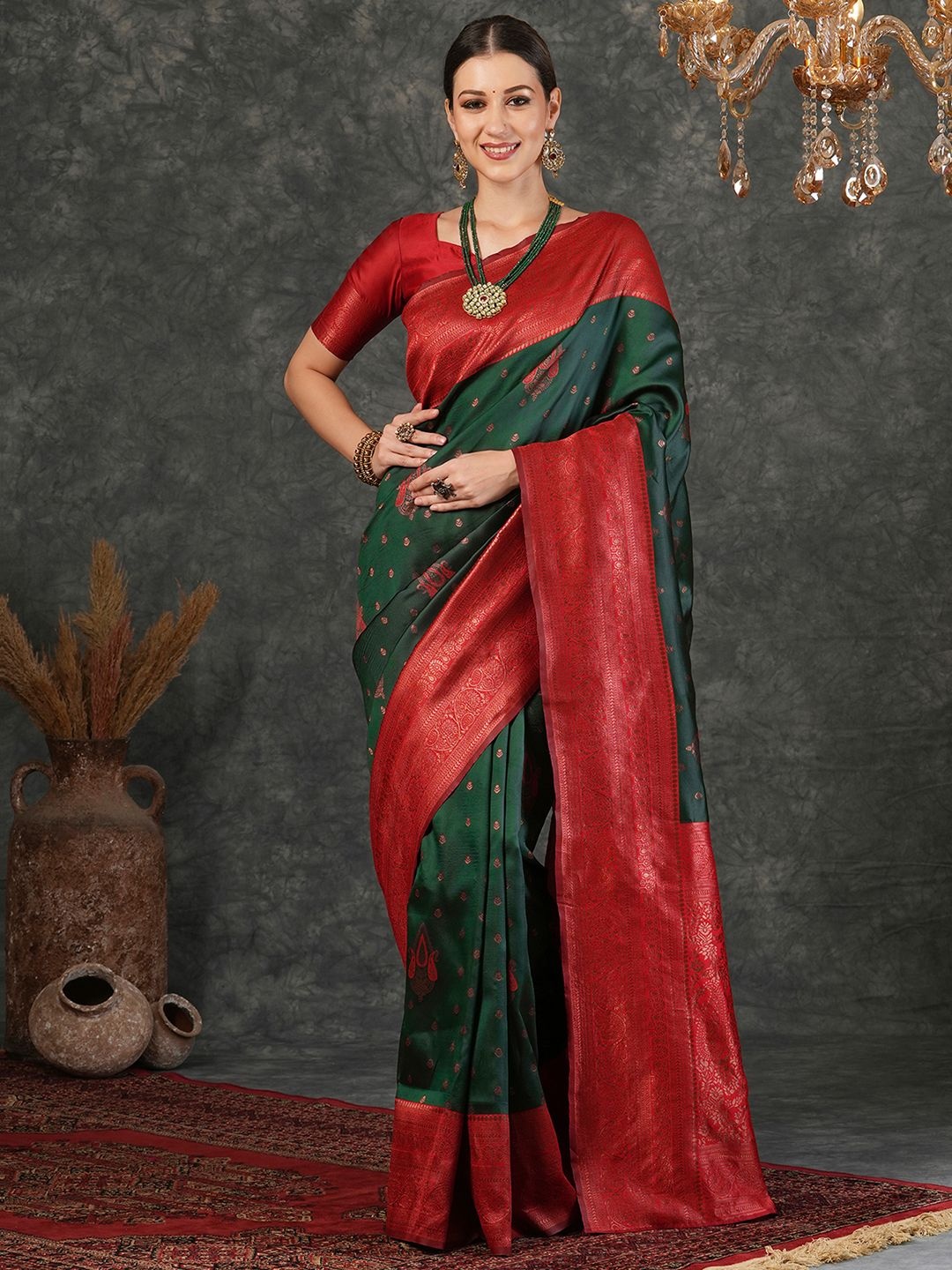 

KALINI Woven Design Embroidered Banarasi Saree, Green