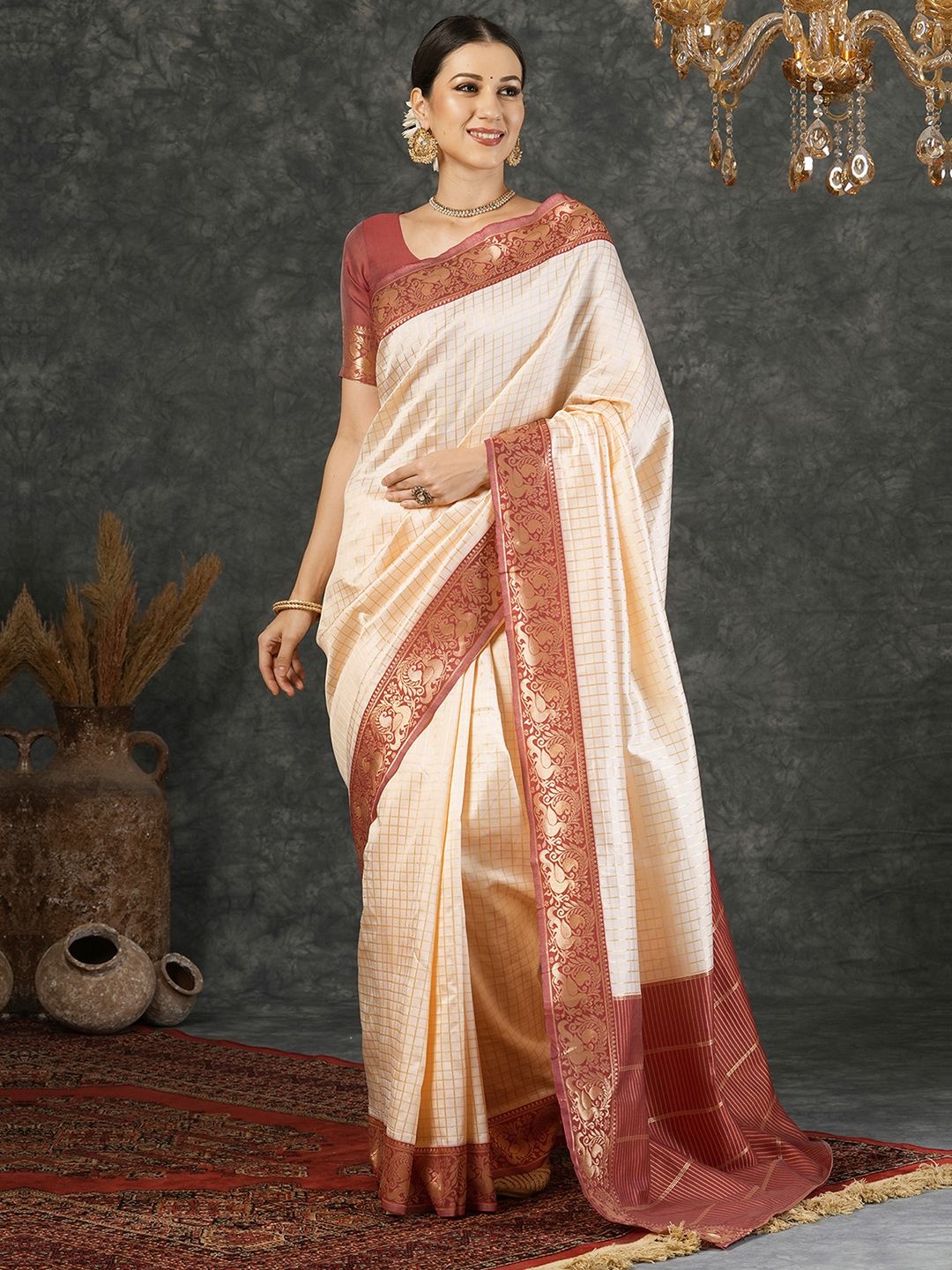 

Kalini Women Checked Woven Design Zari Saree, Cream