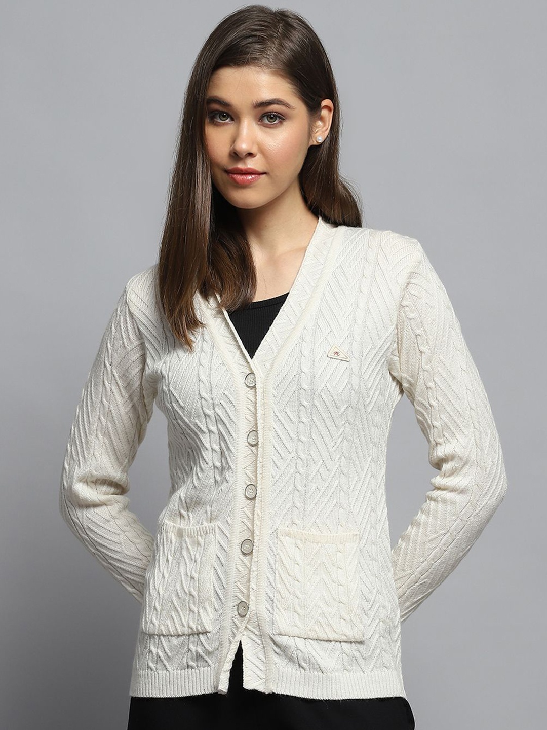 

Monte Carlo Women Cable Knit Woollen Front-Open Sweater, Off white