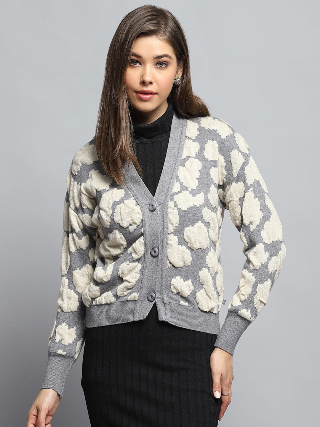 

Monte Carlo Women Quirky Woollen Cardigan, Grey