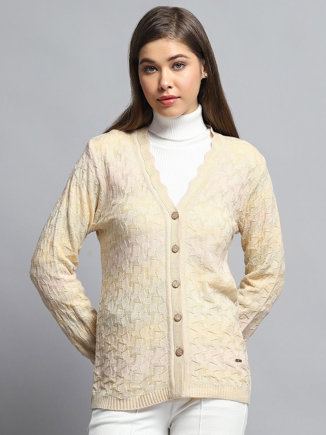 

Monte Carlo Women Self Design Cardigan Sweaters, Beige