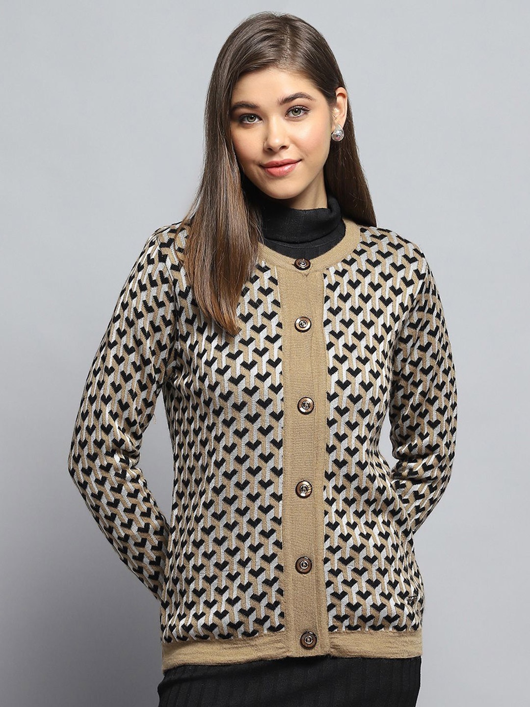 

Monte Carlo Women Woollen Self Design Cardigan, Beige