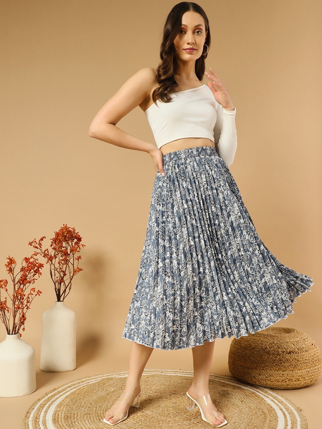 

Femvy Women Printed Flared Maxi Skirt, Blue
