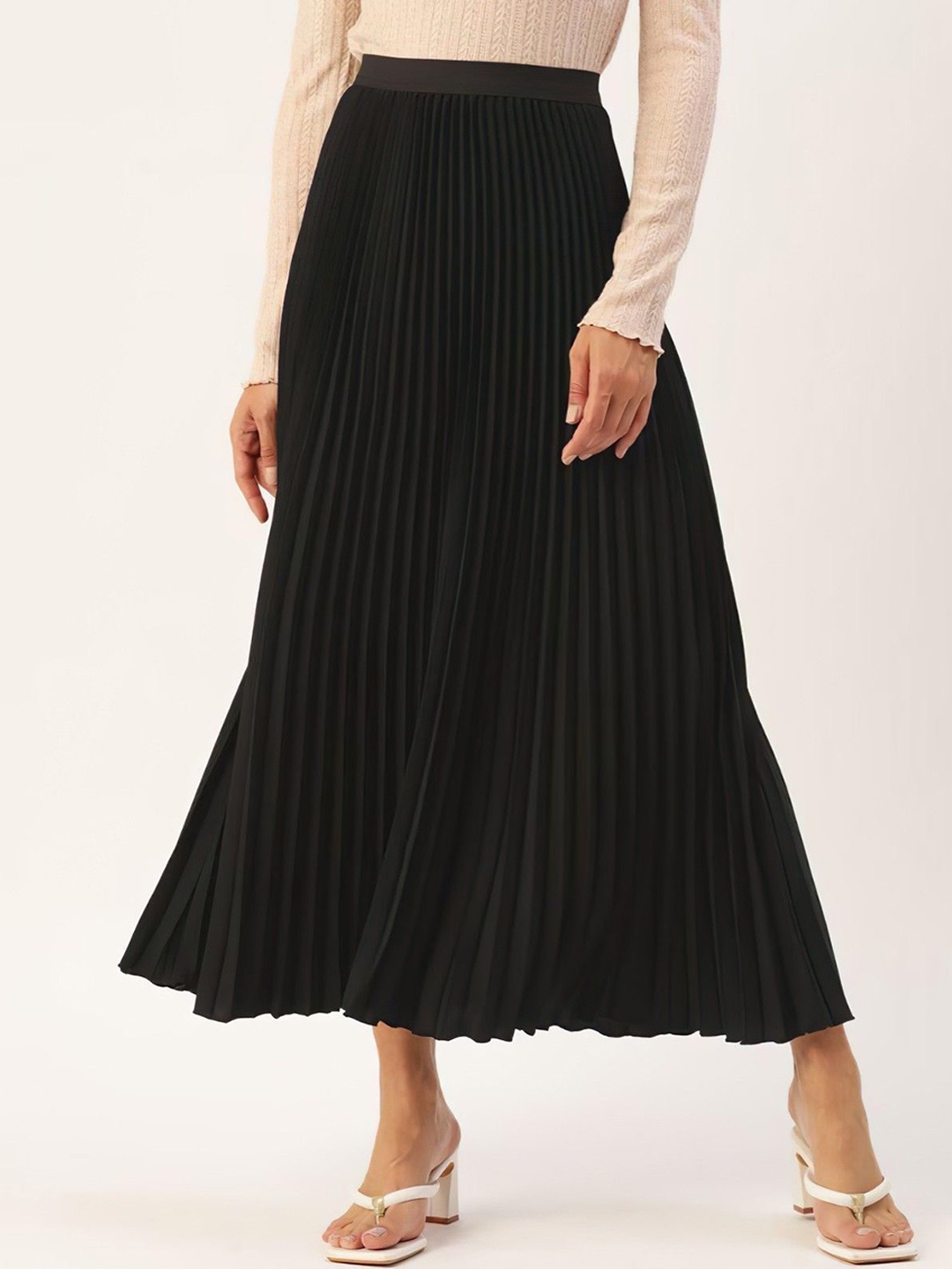 

Femvy Women Pleated Flared Midi Skirt, Black