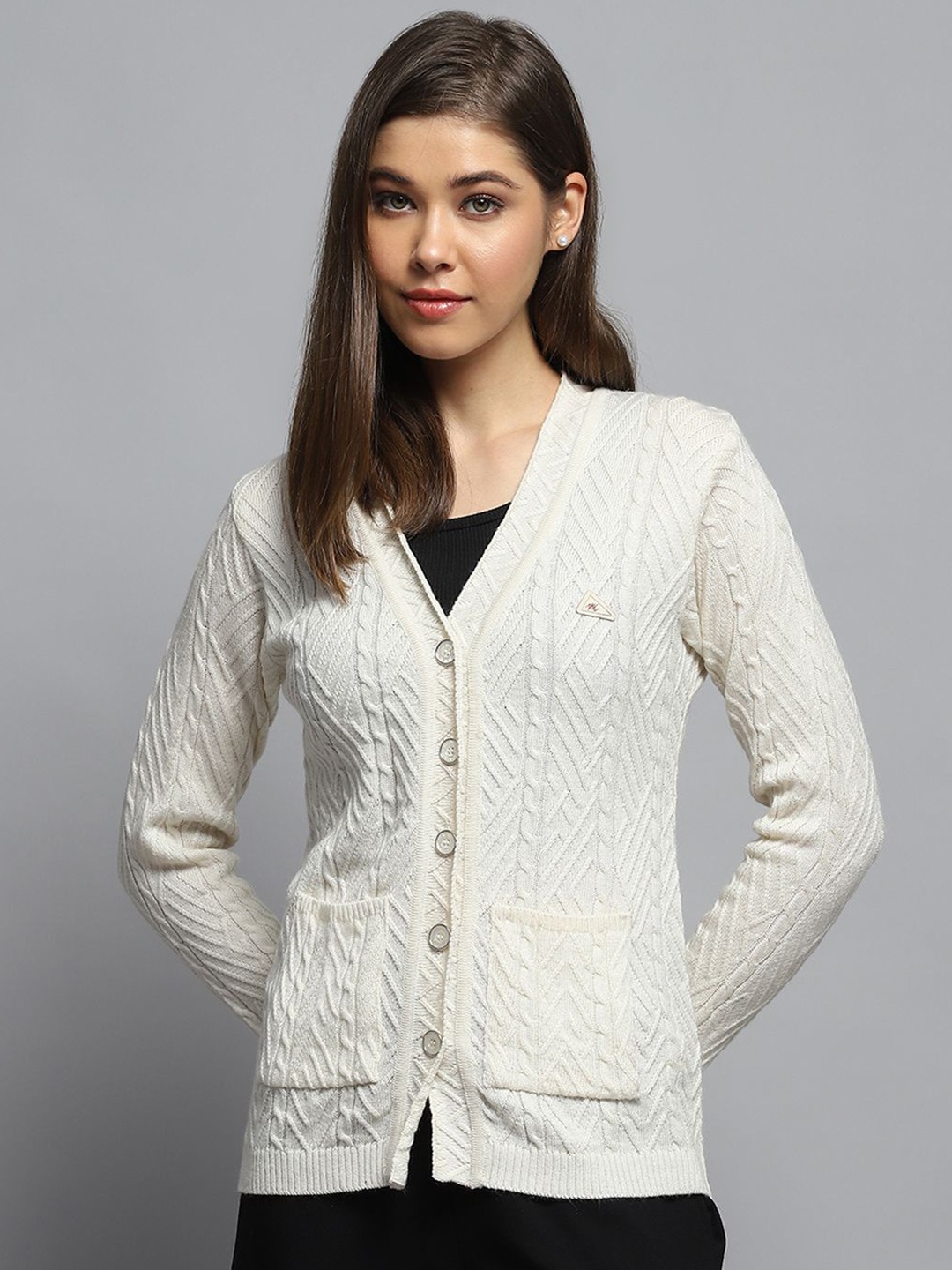 

Monte Carlo Women Self Design Woollen Cardigan, Off white