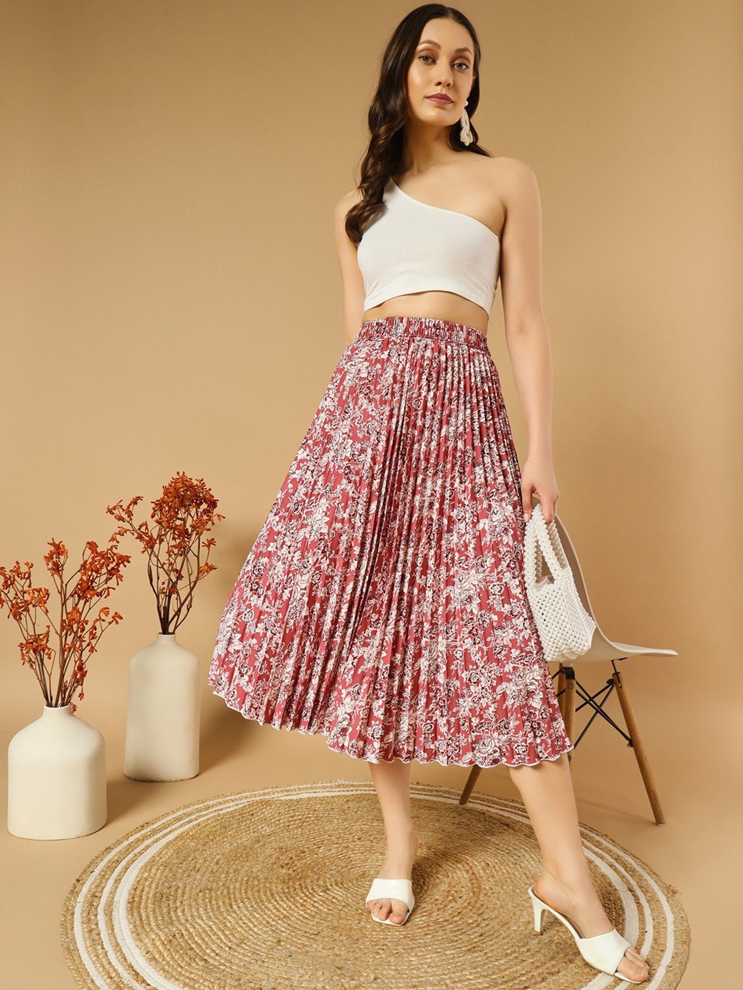 

Femvy Women Floral Printed Midi A-Line Skirt, Pink