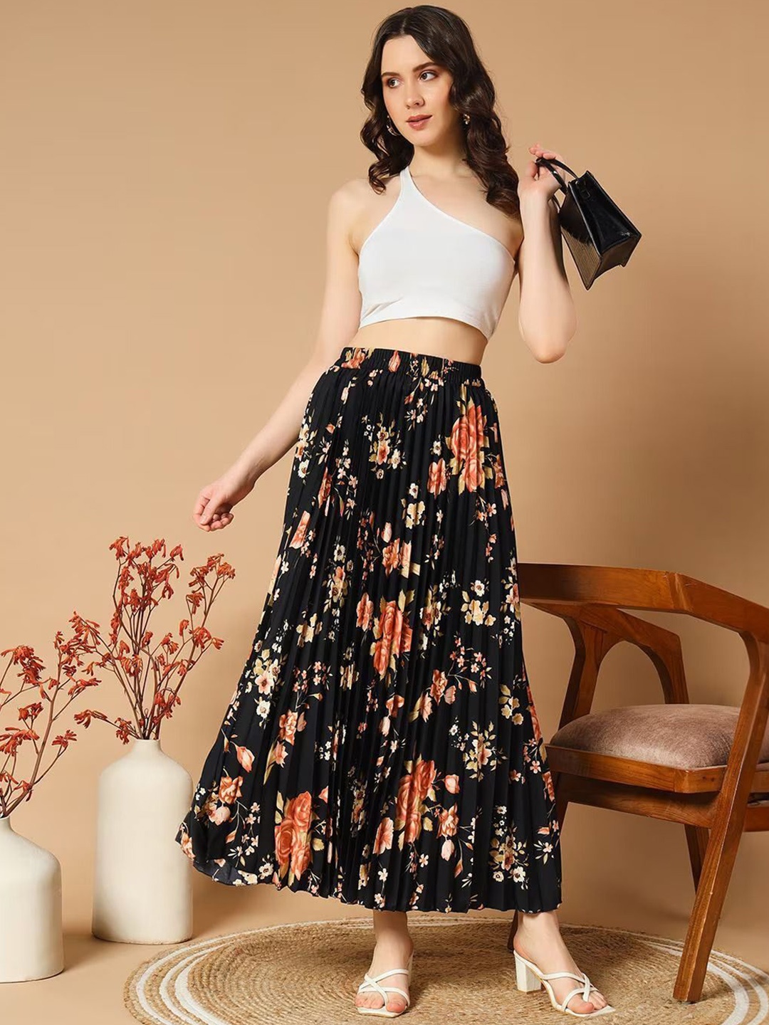 

Femvy Women Floral Printed Pleated A-Line Skirt, Black