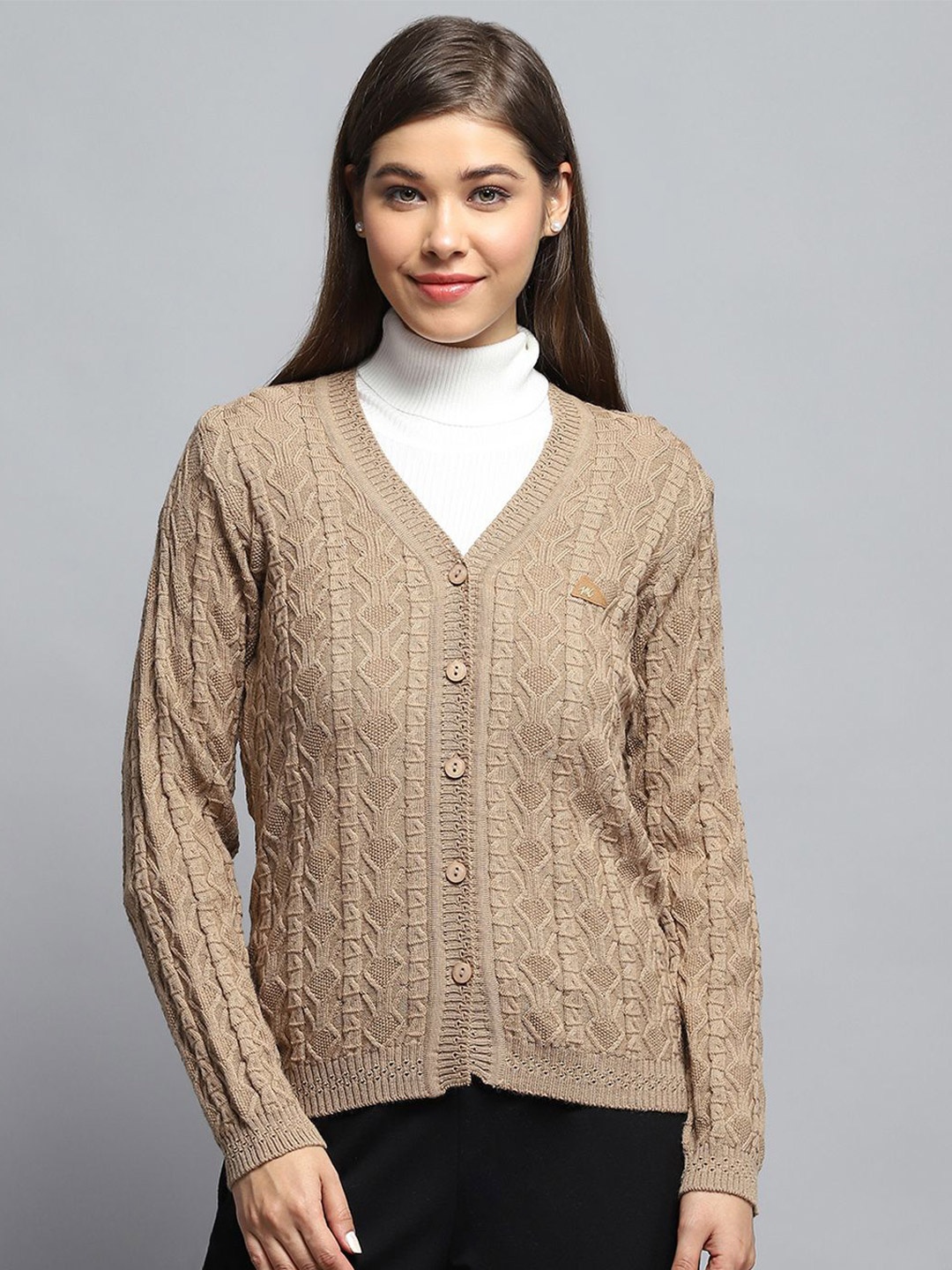 

Monte Carlo Women Cable Knit Self Design Cardigan, Brown