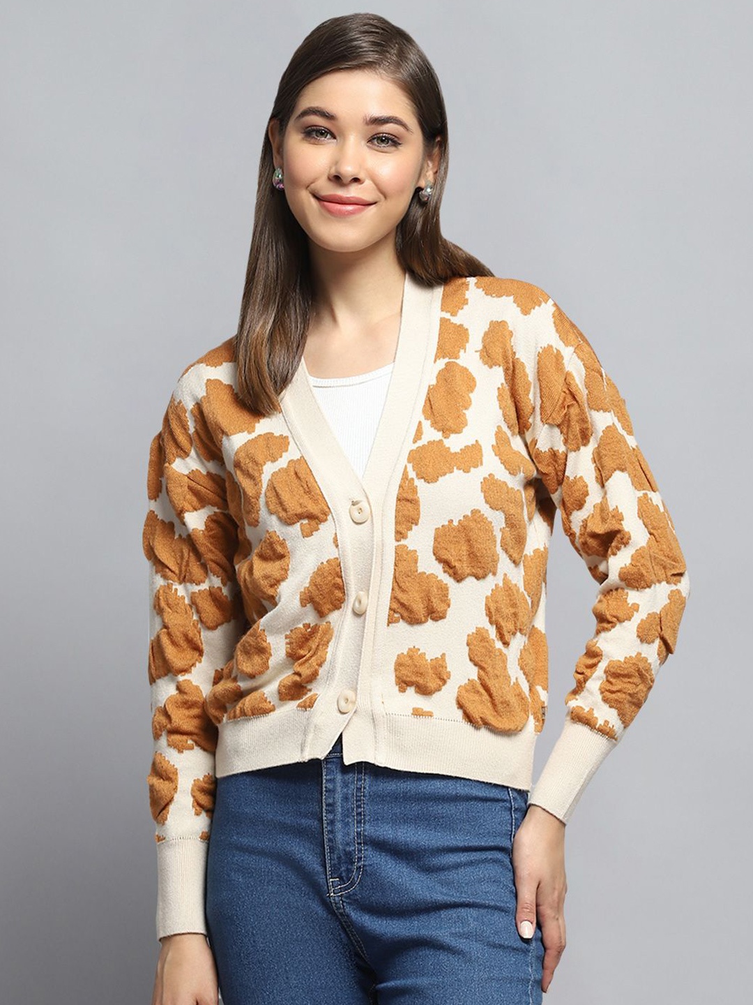 

Monte Carlo Women Abstract Self Design Cardigan, Off white