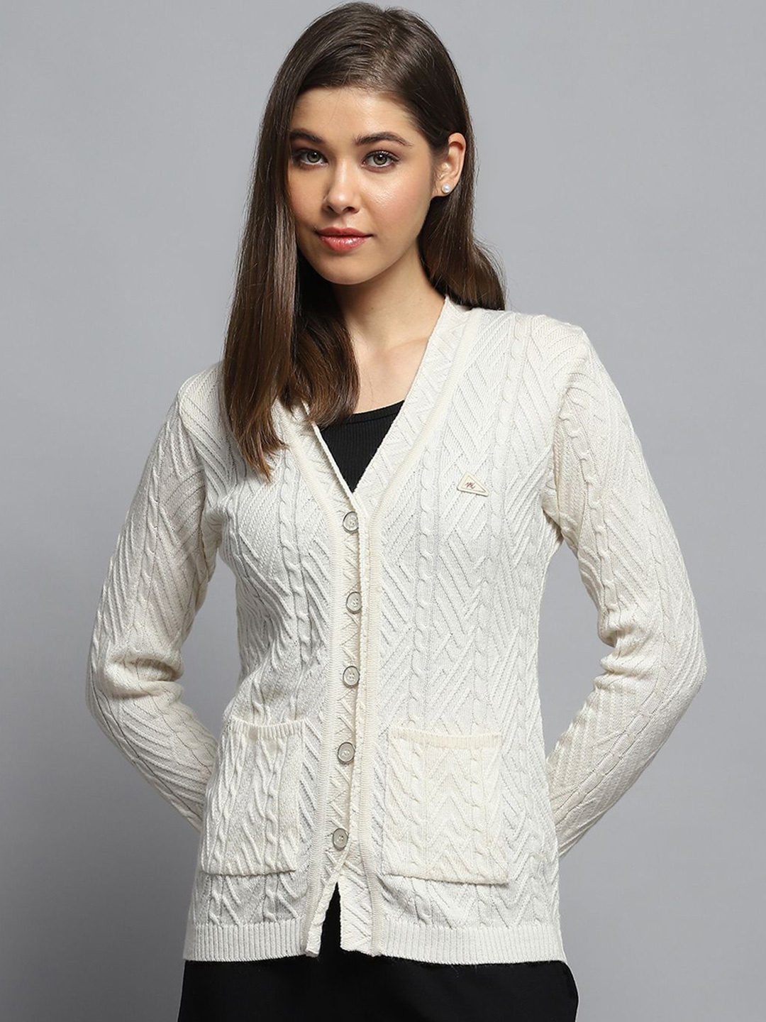 

Monte Carlo Women Self Design Woollen Cardigan, Off white