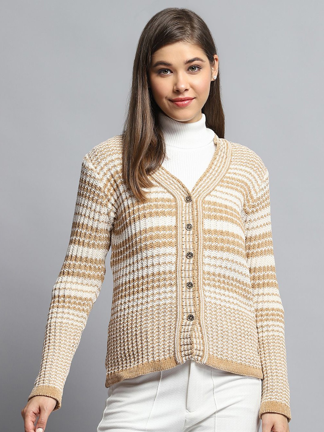 

Monte Carlo Women Striped Woollen Cardigan, Beige