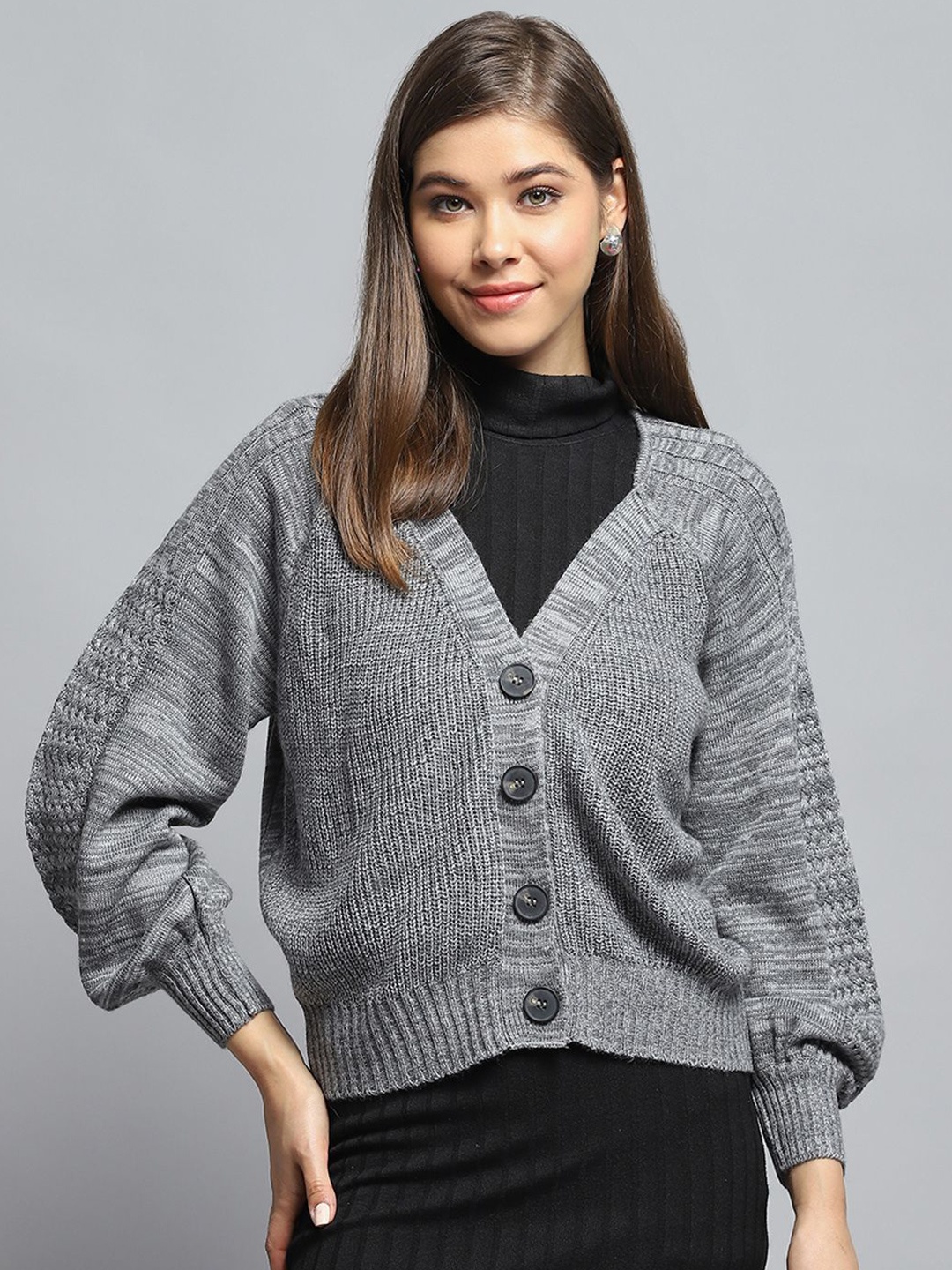 

Monte Carlo Women Self Design Cable Knit Cardigan, Grey
