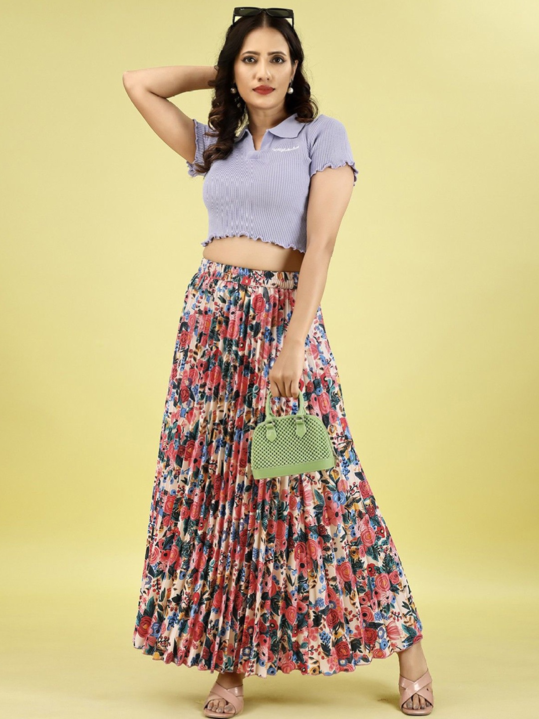 

Krunal Raiyani Women Printed Pleated Flared Maxi Skirt, Turquoise blue