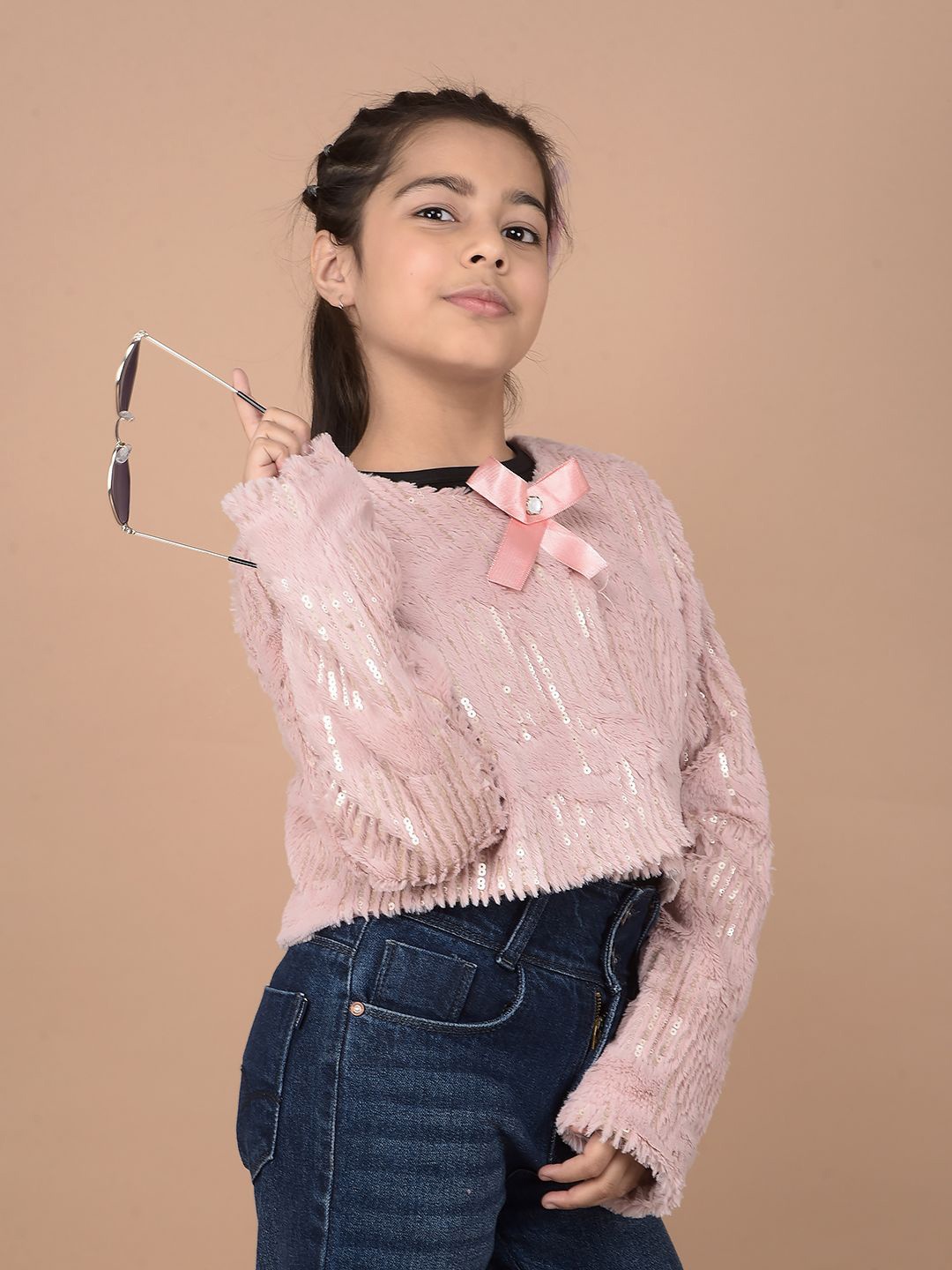 

Crimsoune Club Girls Speckled Crop Cardigan with Embellished Detail, Pink