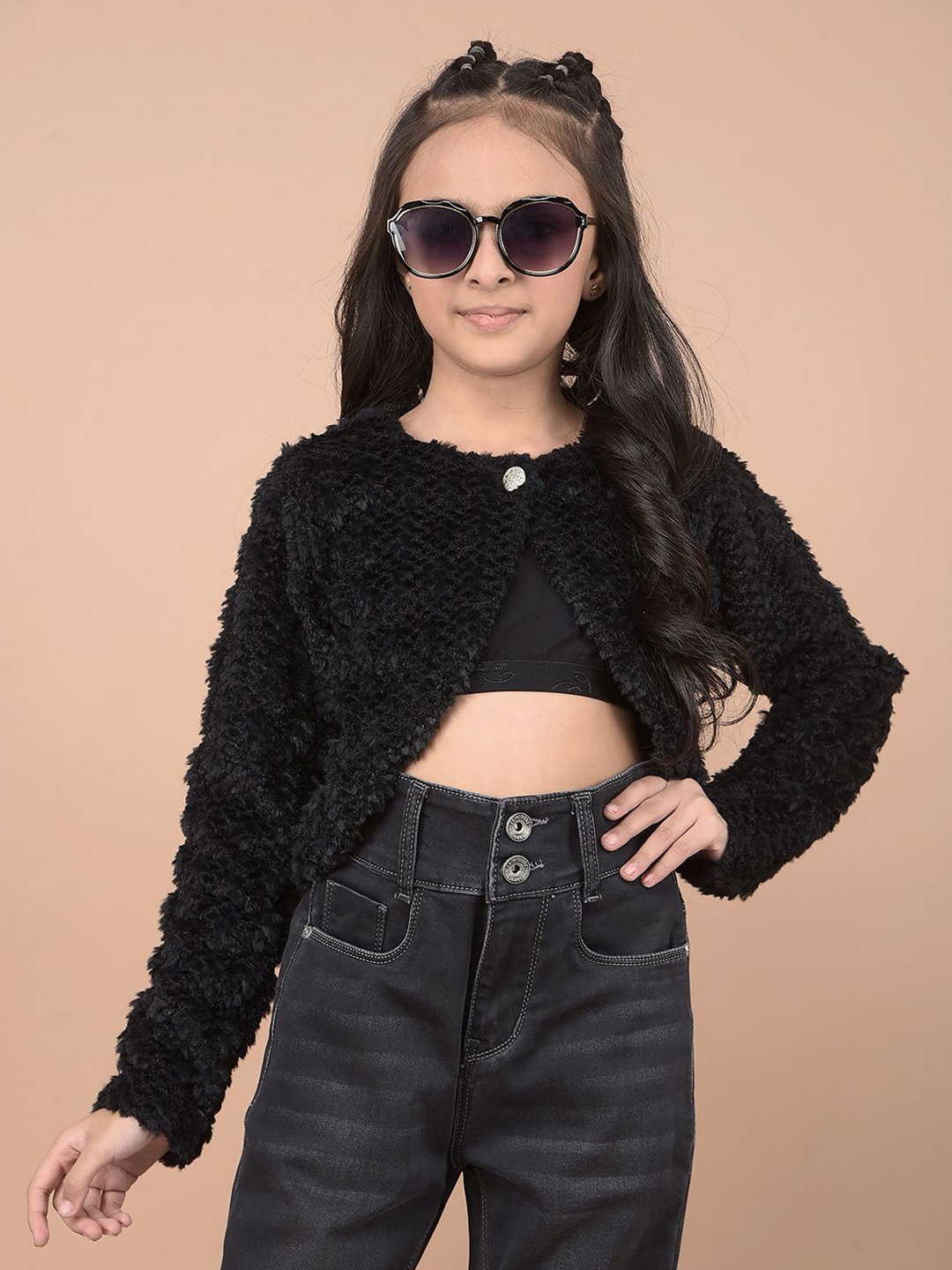 

Crimsoune Club Girls Quirky Printed Crop Cardigan, Black