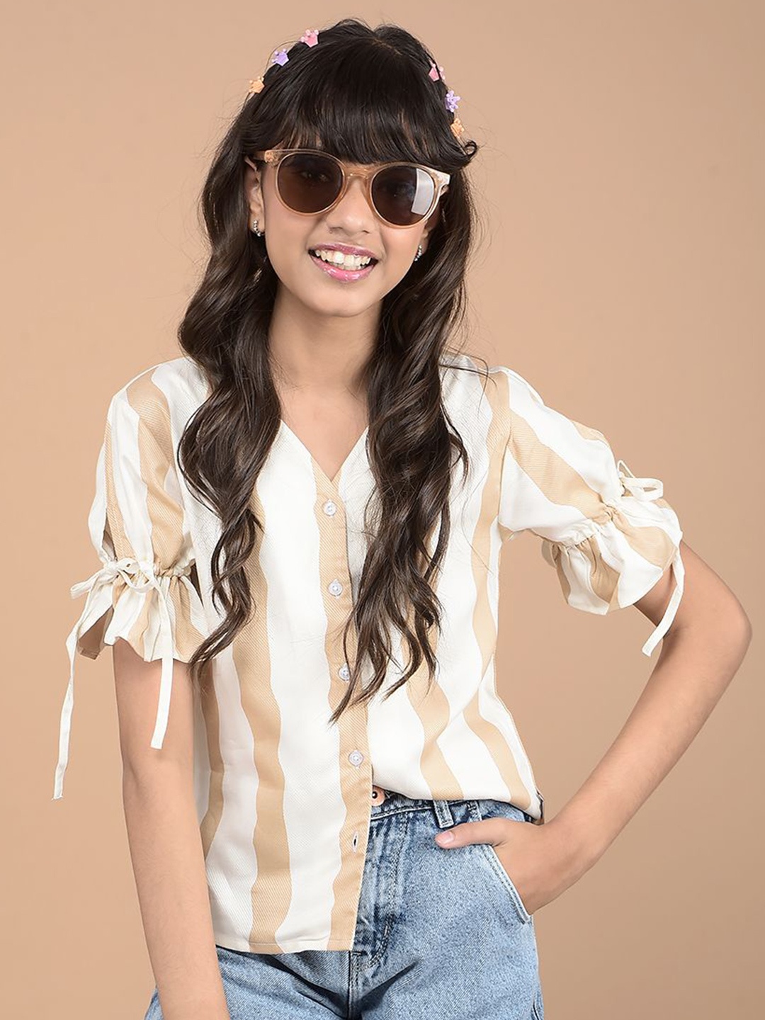 

Crimsoune Club Girls Striped Cotton Top, Beige
