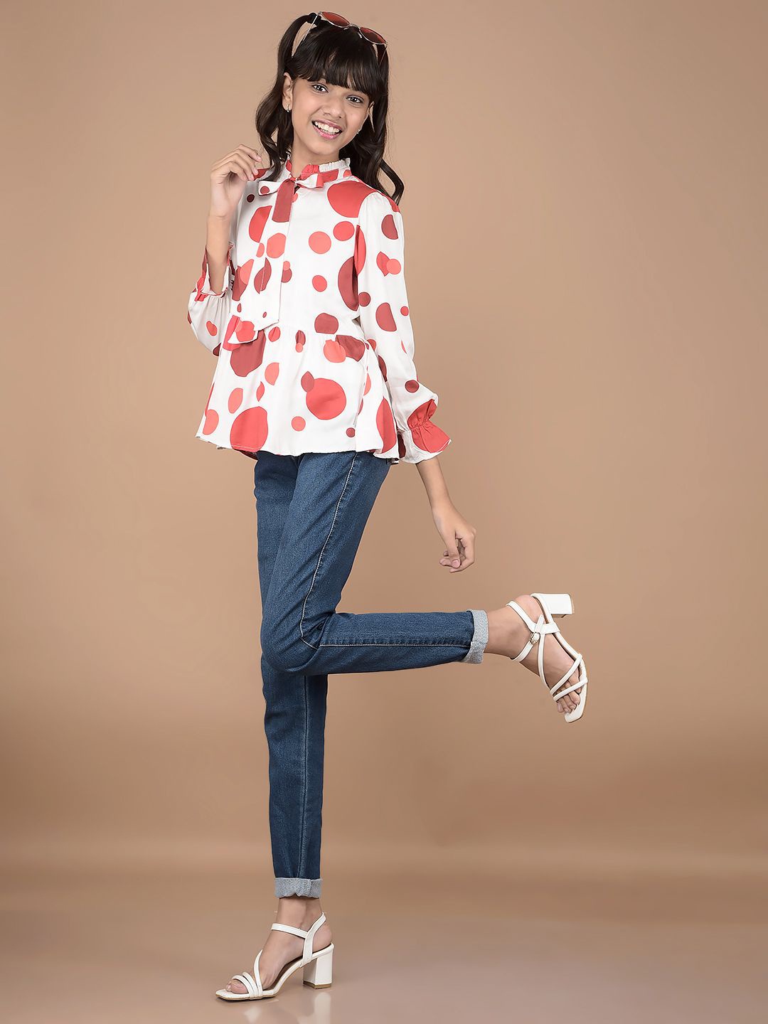 

Crimsoune Club Girls Floral Print Tie-Up Neck Cotton Top, Red