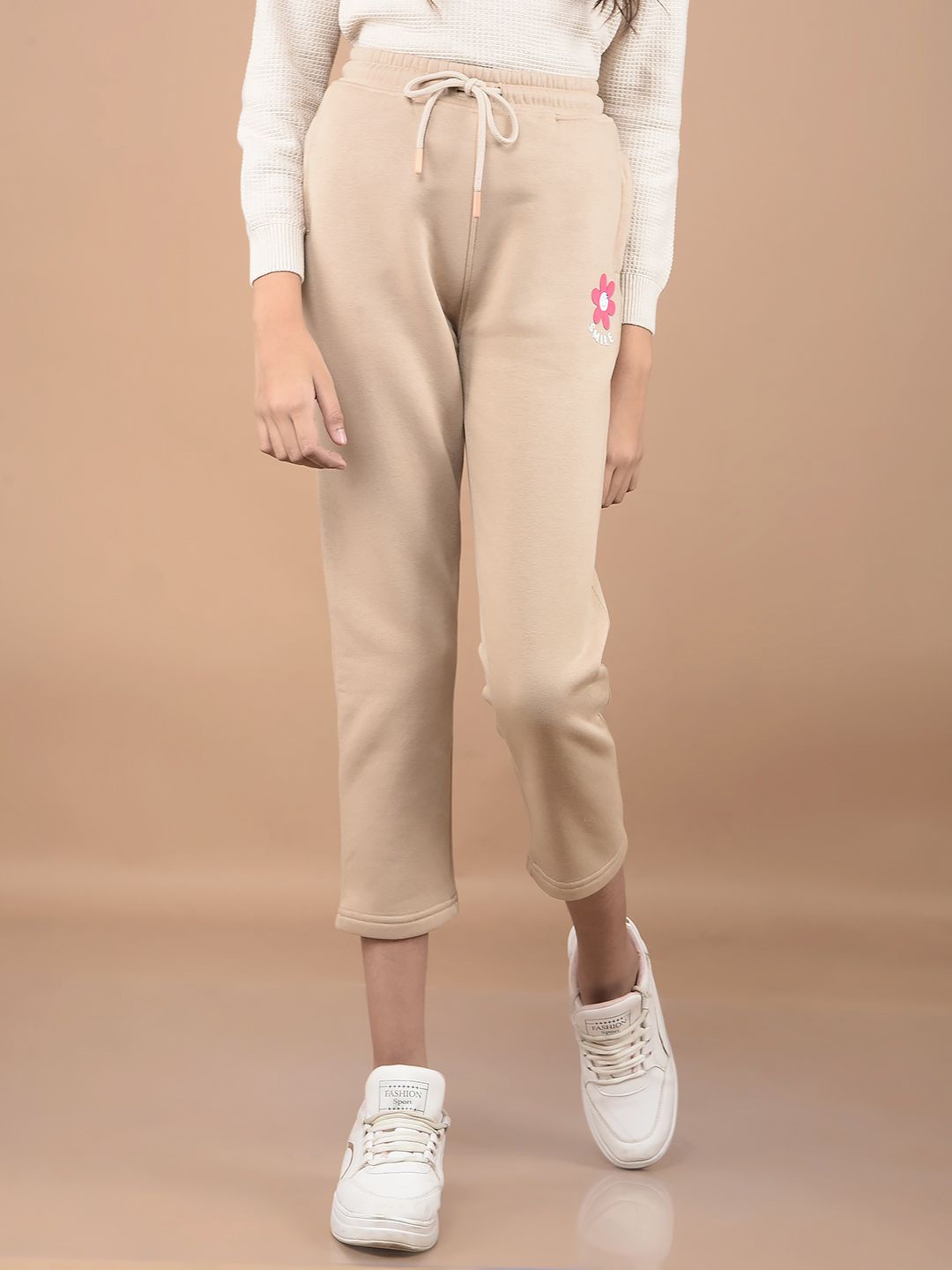 

Crimsoune Club Girls Printed Cotton Slim Fit Crop Length Capris, Beige