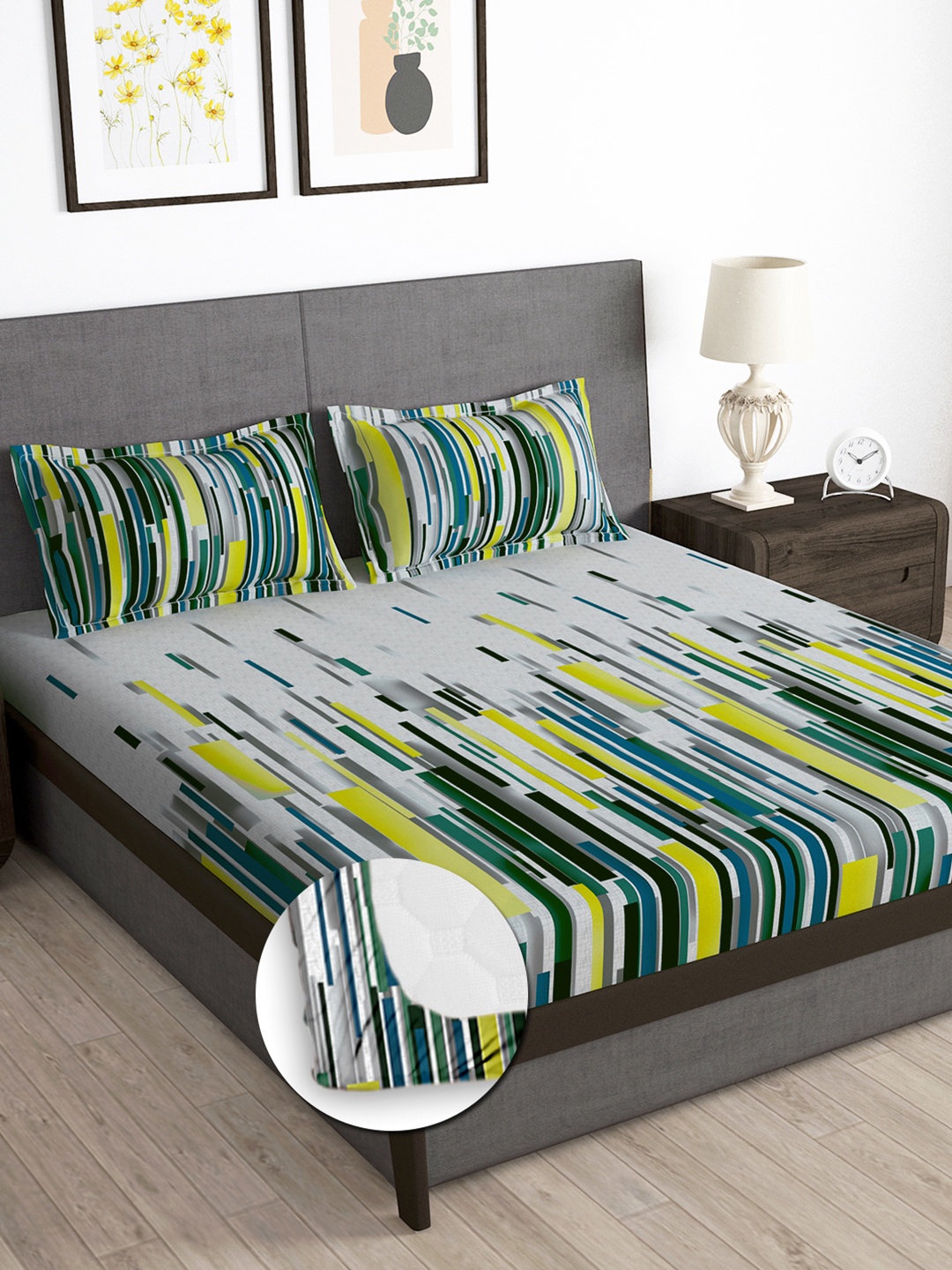 

Story@home Grey & Green 180 TC Abstract Queen Fitted Bedsheet With 2 Pillow Covers